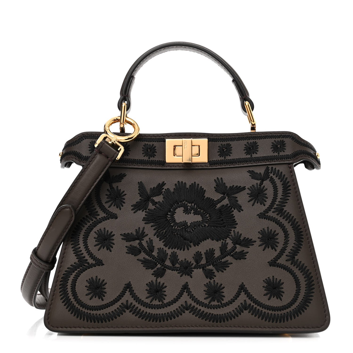Fendi Vitello Seta Shiny Nappa Floral Embroidered Petite Peekaboo I SEE U Satchel Carbone Black 1 of 10