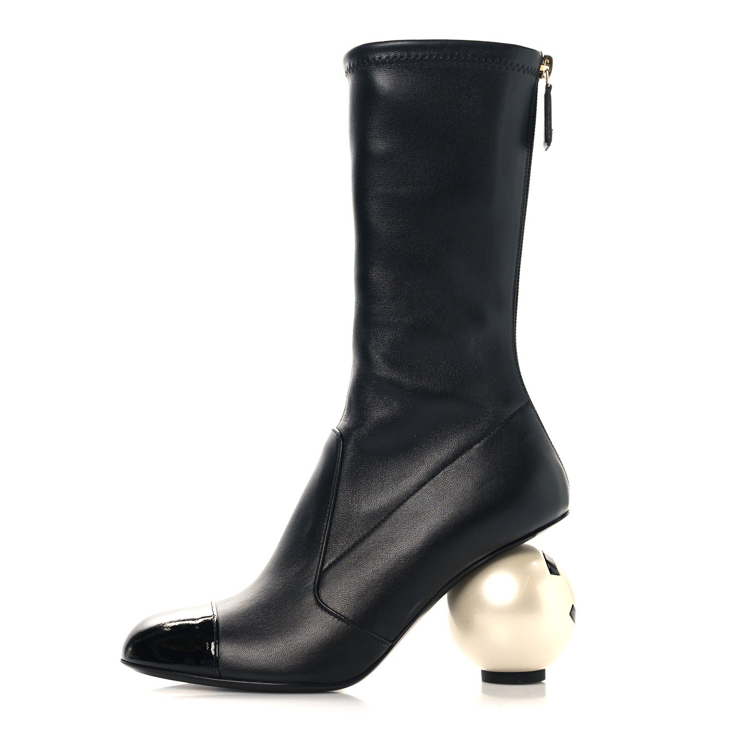 CHANEL ハーフブーツ　38 Chanel Stretch Lambskin Patent Cap Toe Pearl Ball Mid Calf Boots