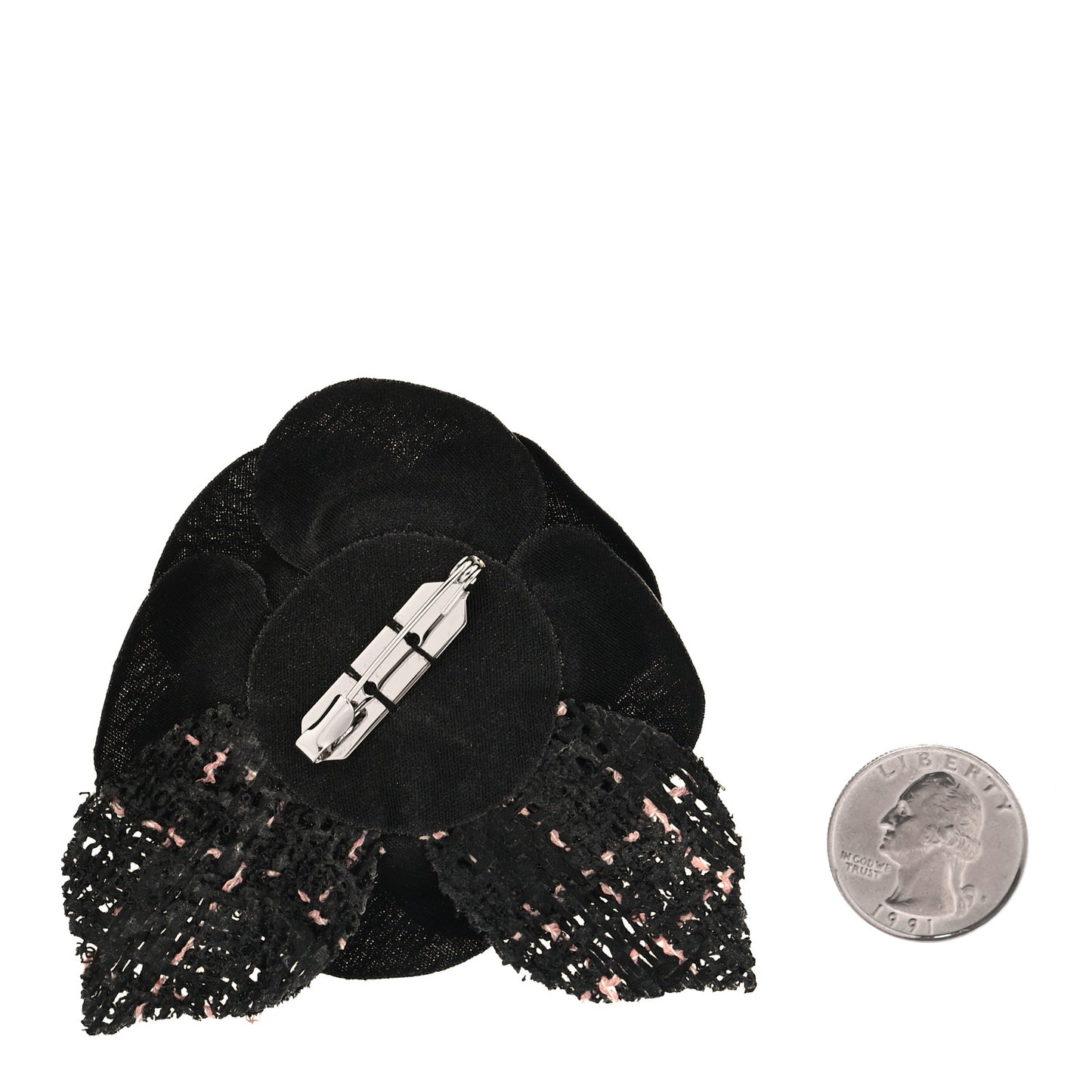 Tweed Camellia Pin Brooch Black Pink