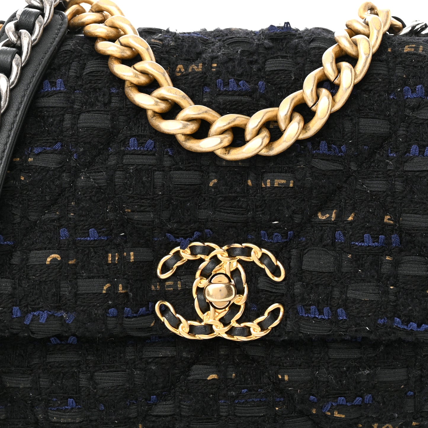Tweed Quilted Medium Chanel 19 Flap Black Navy Gold