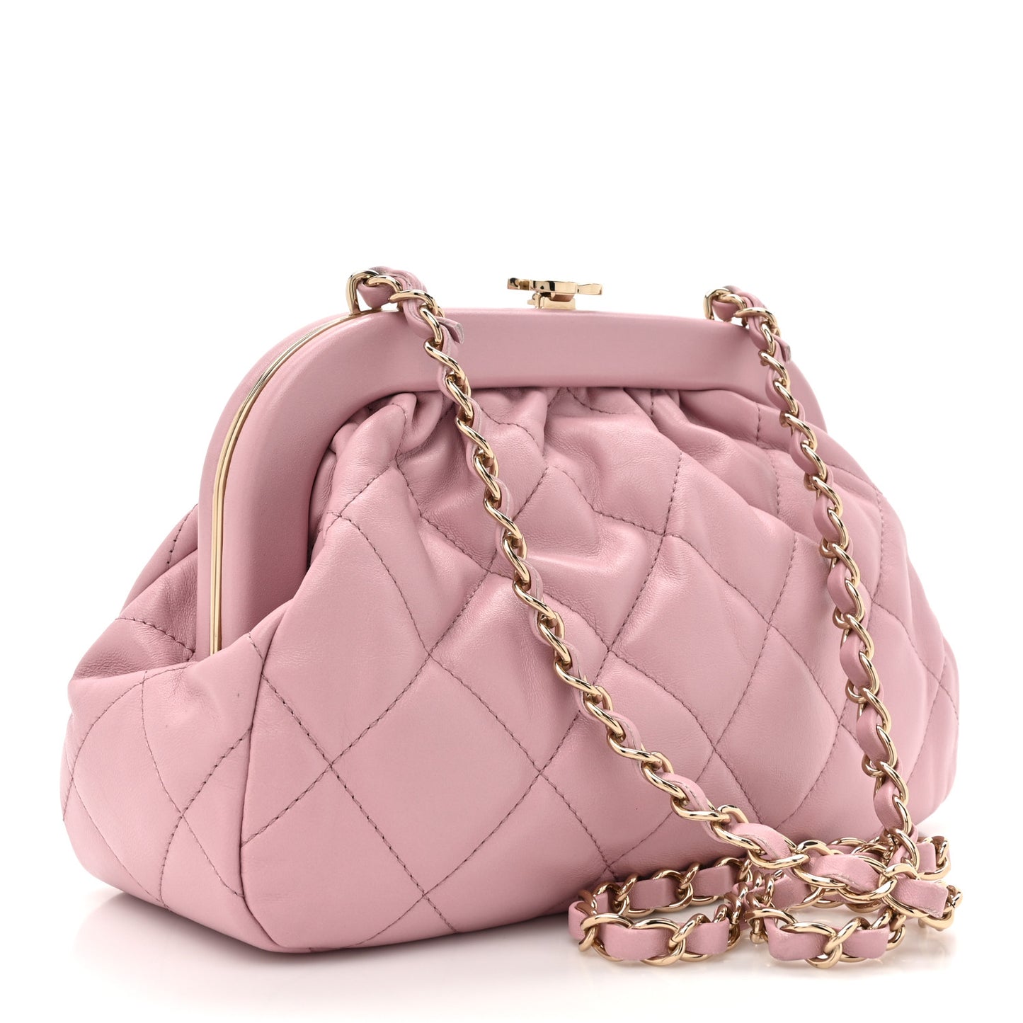 Lambskin Quilted CC Kisslock Clutch Pink