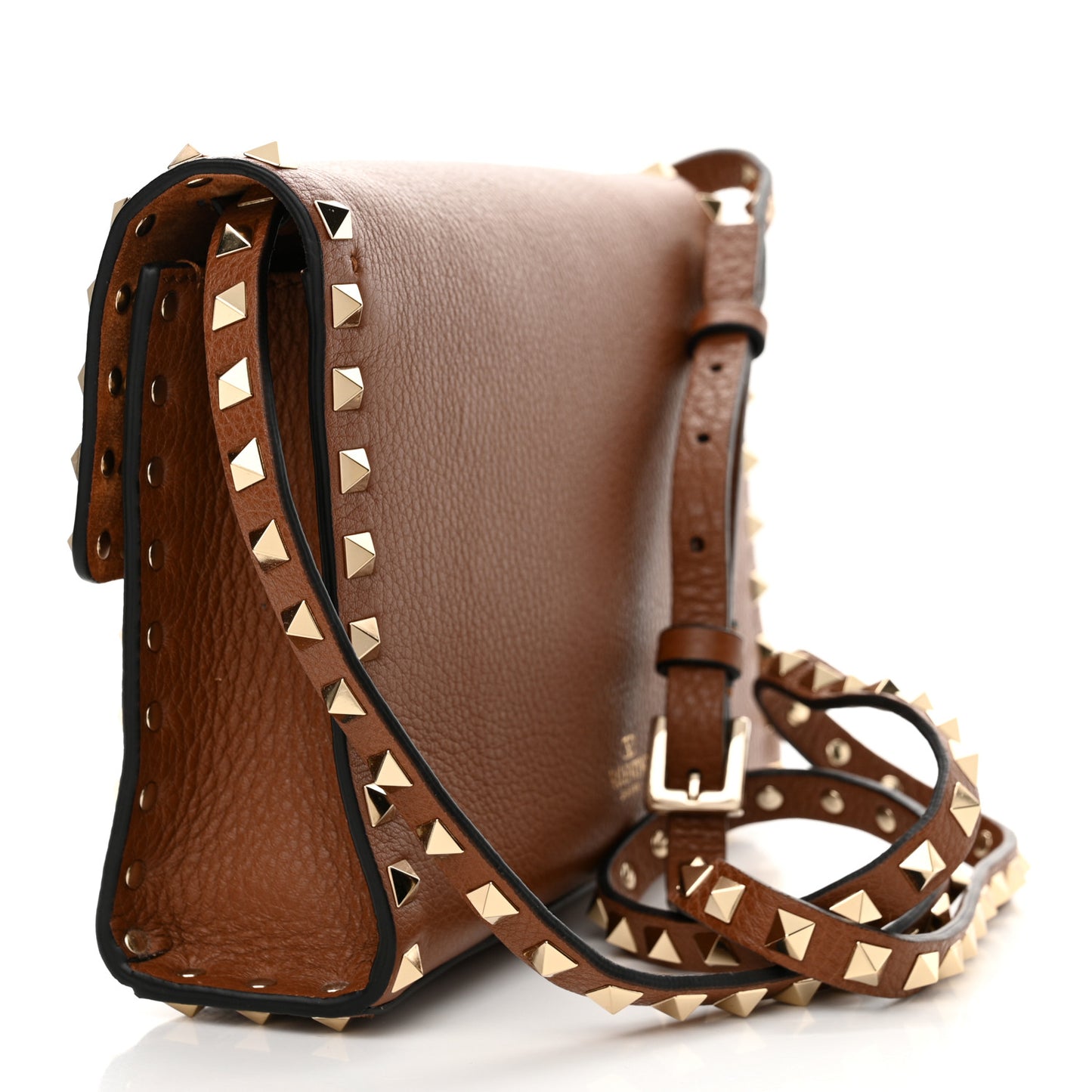 Pebbled Calfskin Medium Rockstud Flip Lock Crossbody Bag Saddle Brown