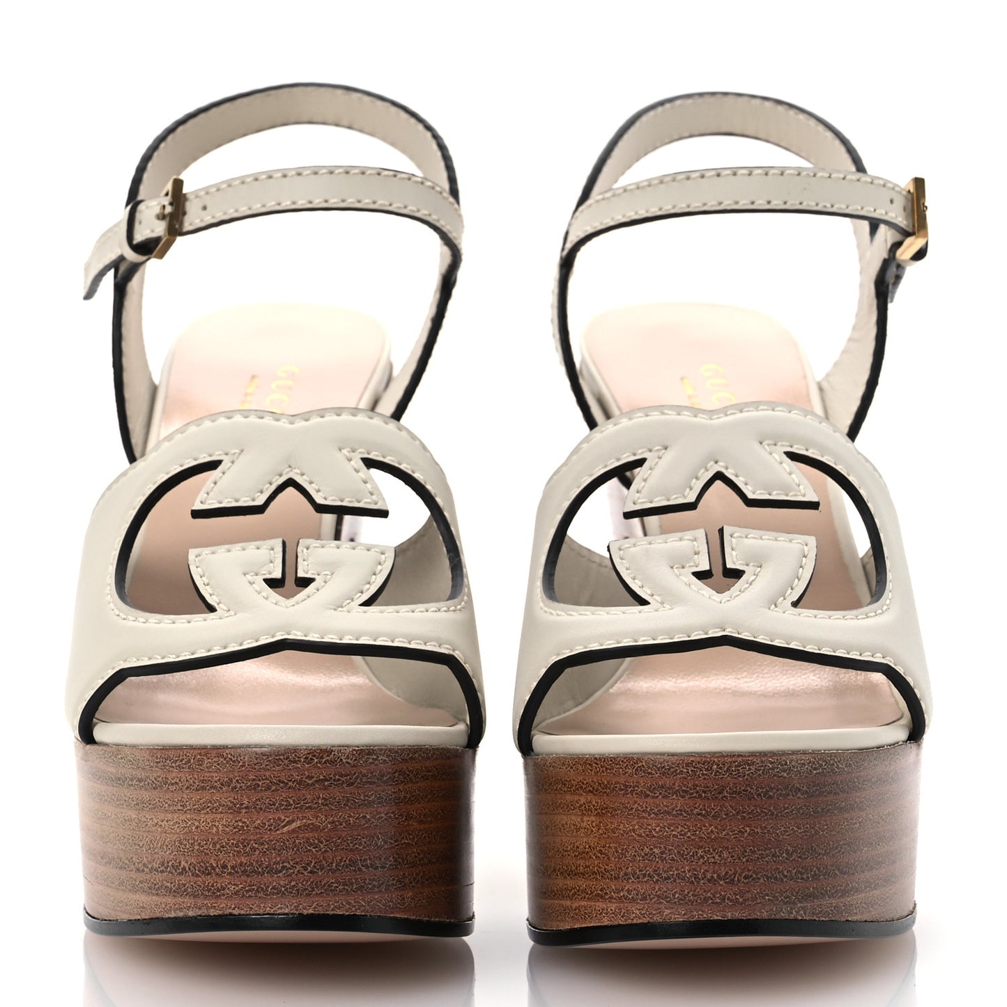 Cosmos Softy Calfskin Wooden Interlocking G Cut-Out 30/120mm Platform Sandals 36 Mystic White
