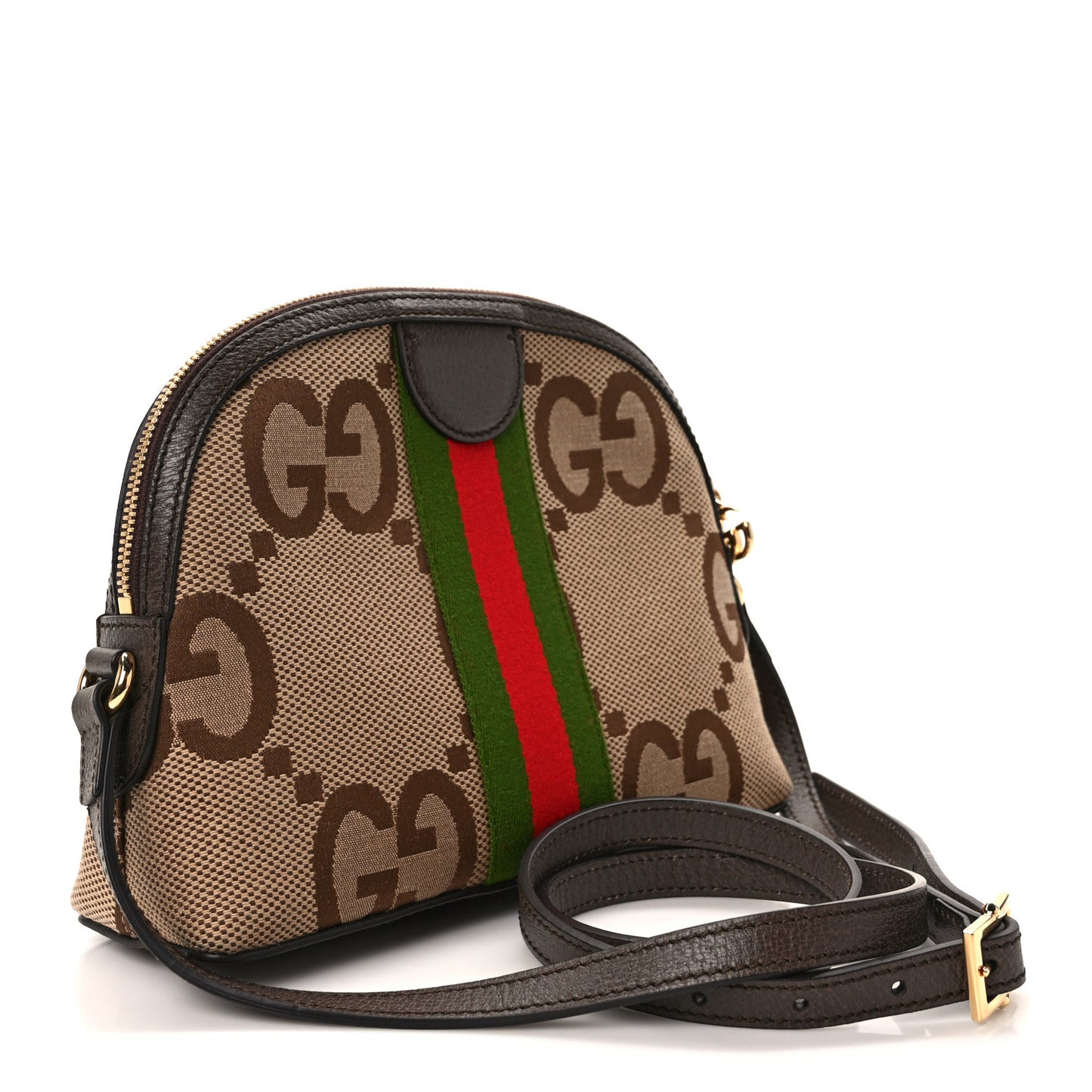 Monogram Jumbo GG Textured Dollar Calfskin Web Small Ophidia Dome Shoulder Bag Camel Ebony New Acero