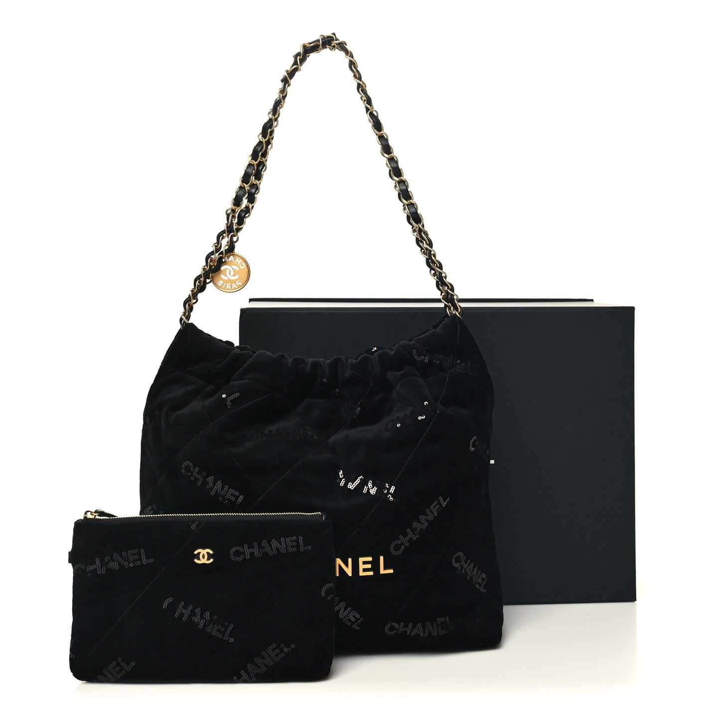Velvet Sequin Quilted Small Chanel 22 Black