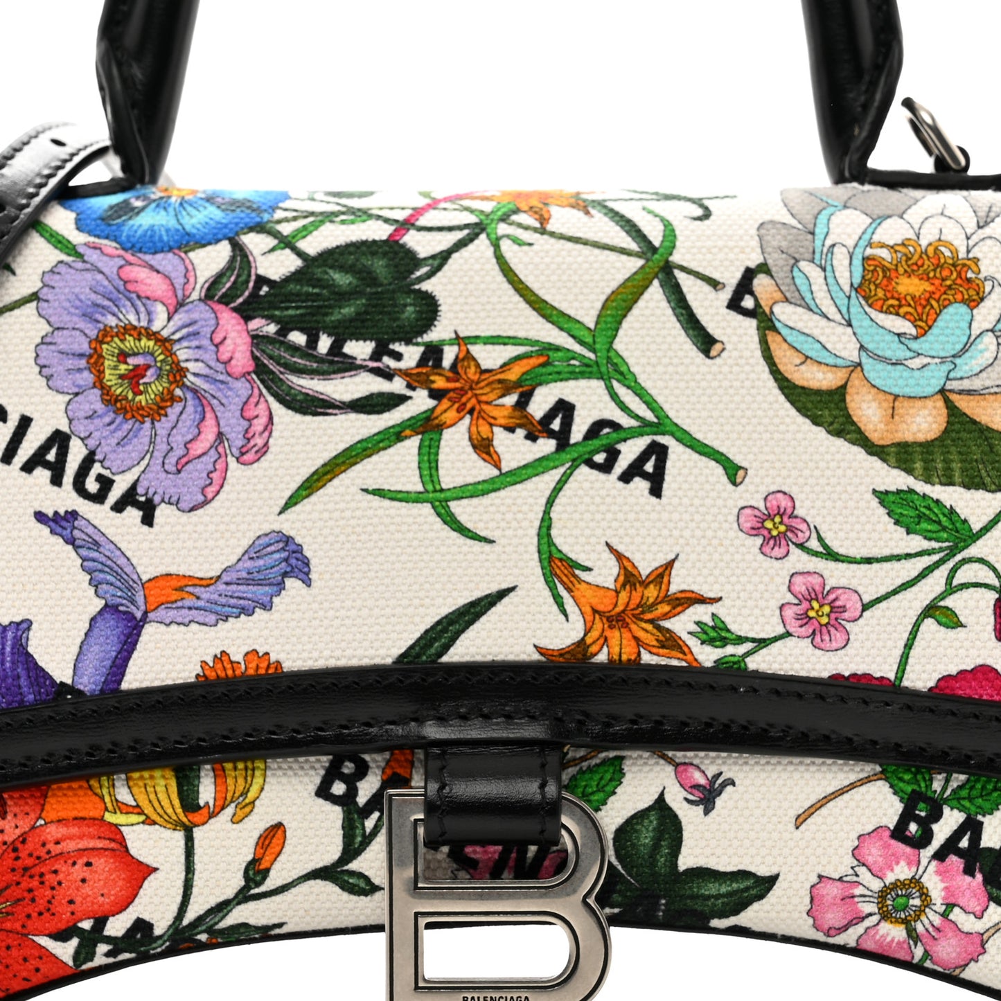 X GUCCI Canvas Boarded Plutone Calfskin Flora Logo Print Small Hourglass Top Handle Bag White Multicolor Black