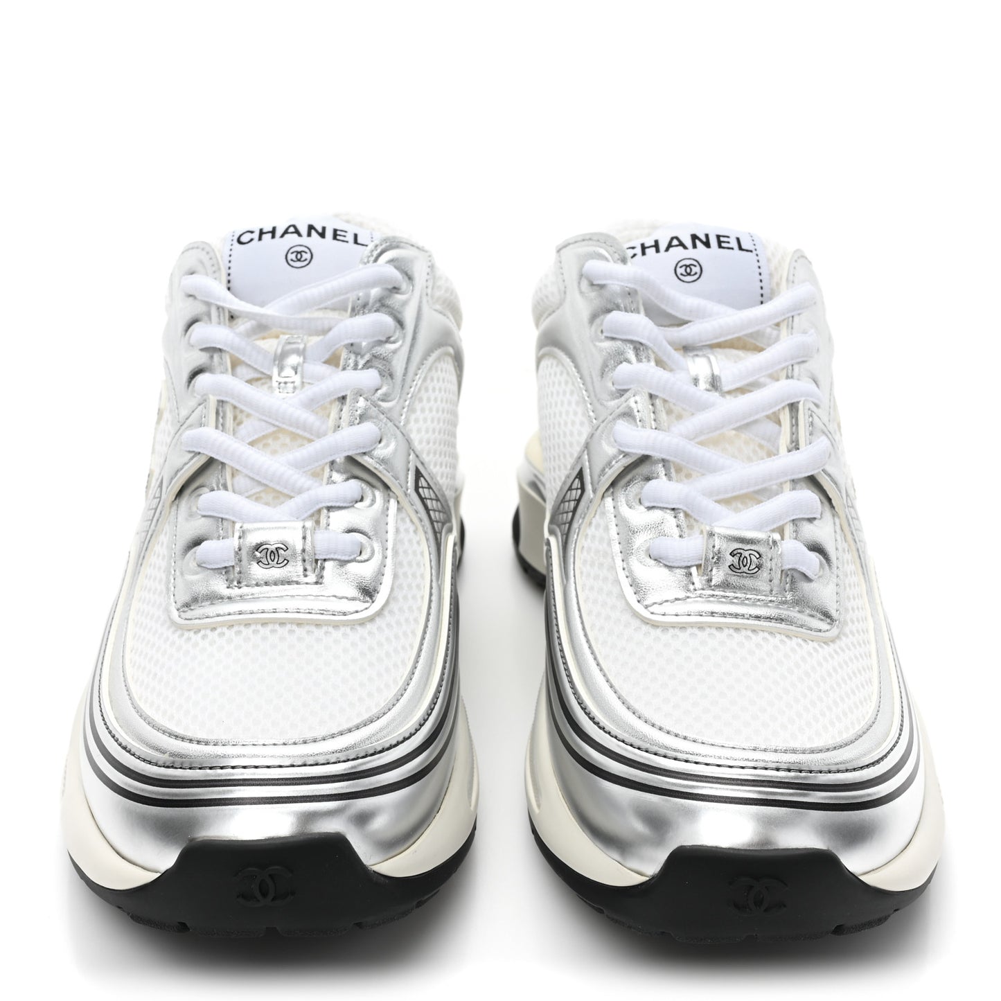 Fabric Laminated Calfskin Stretch CC Womens Sneakers 38.5 White Silver