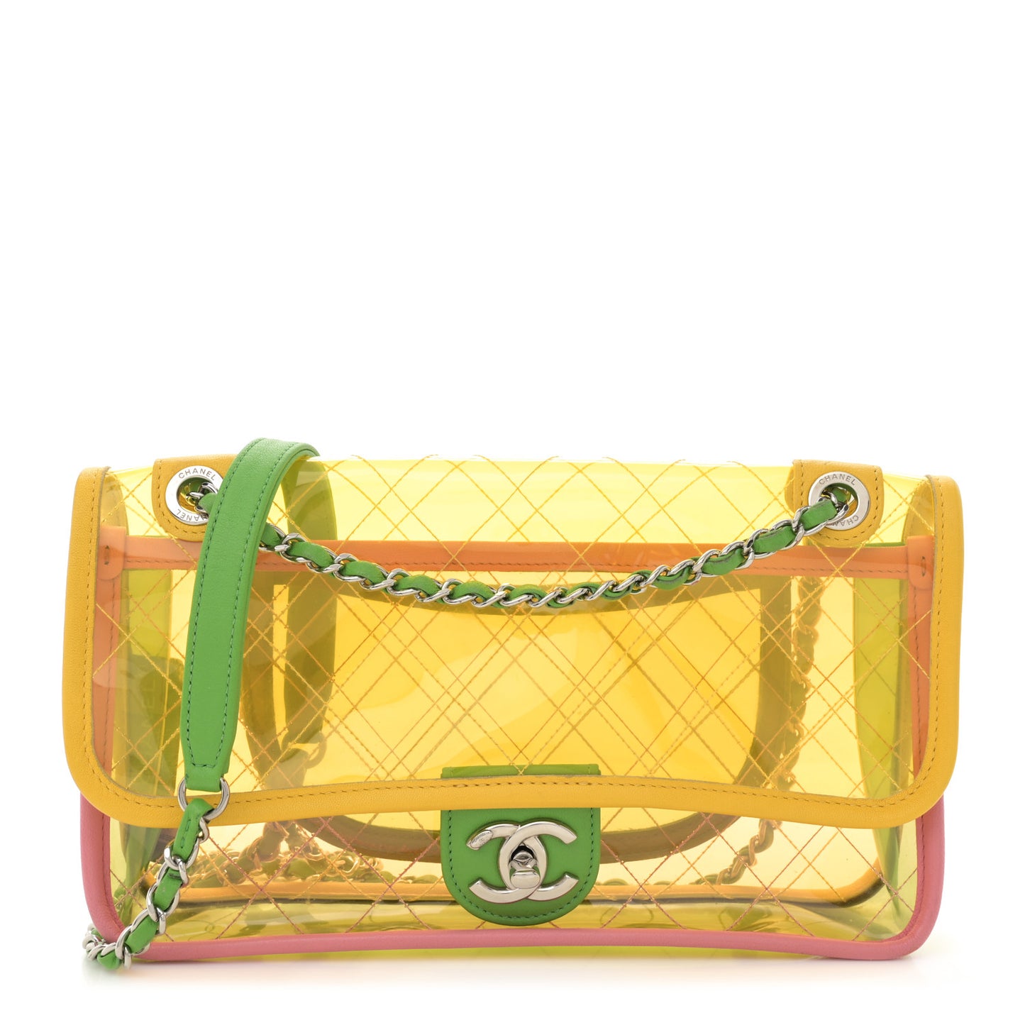 PVC Lambskin Stitched Medium Coco Splash Flap Yellow Green Pink