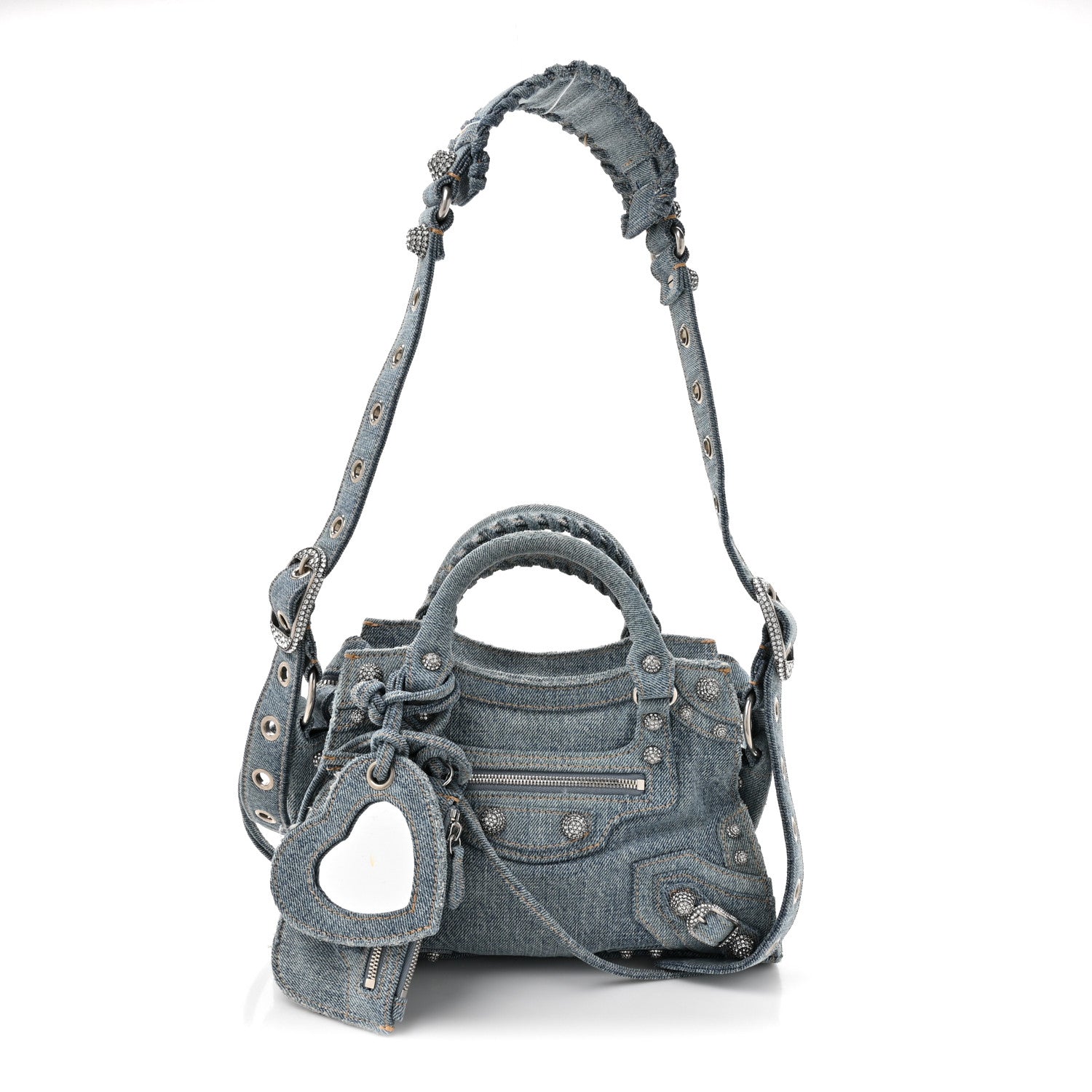 Balenciaga Washed Frayed Denim Crystal Neo Cagole Handbag XS Blue