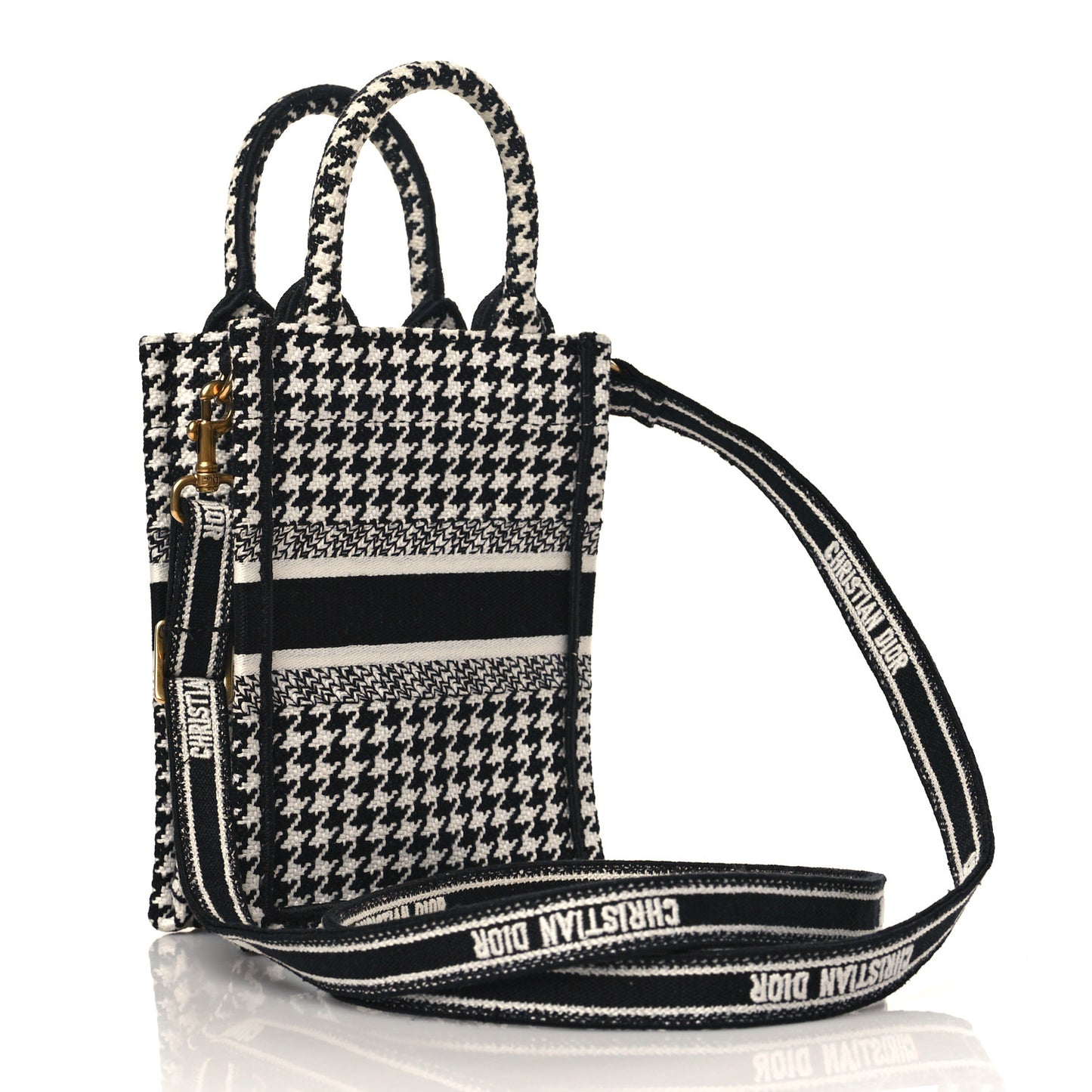 Canvas Houndstooth Embroidered Mini Book Tote Phone Bag Black White