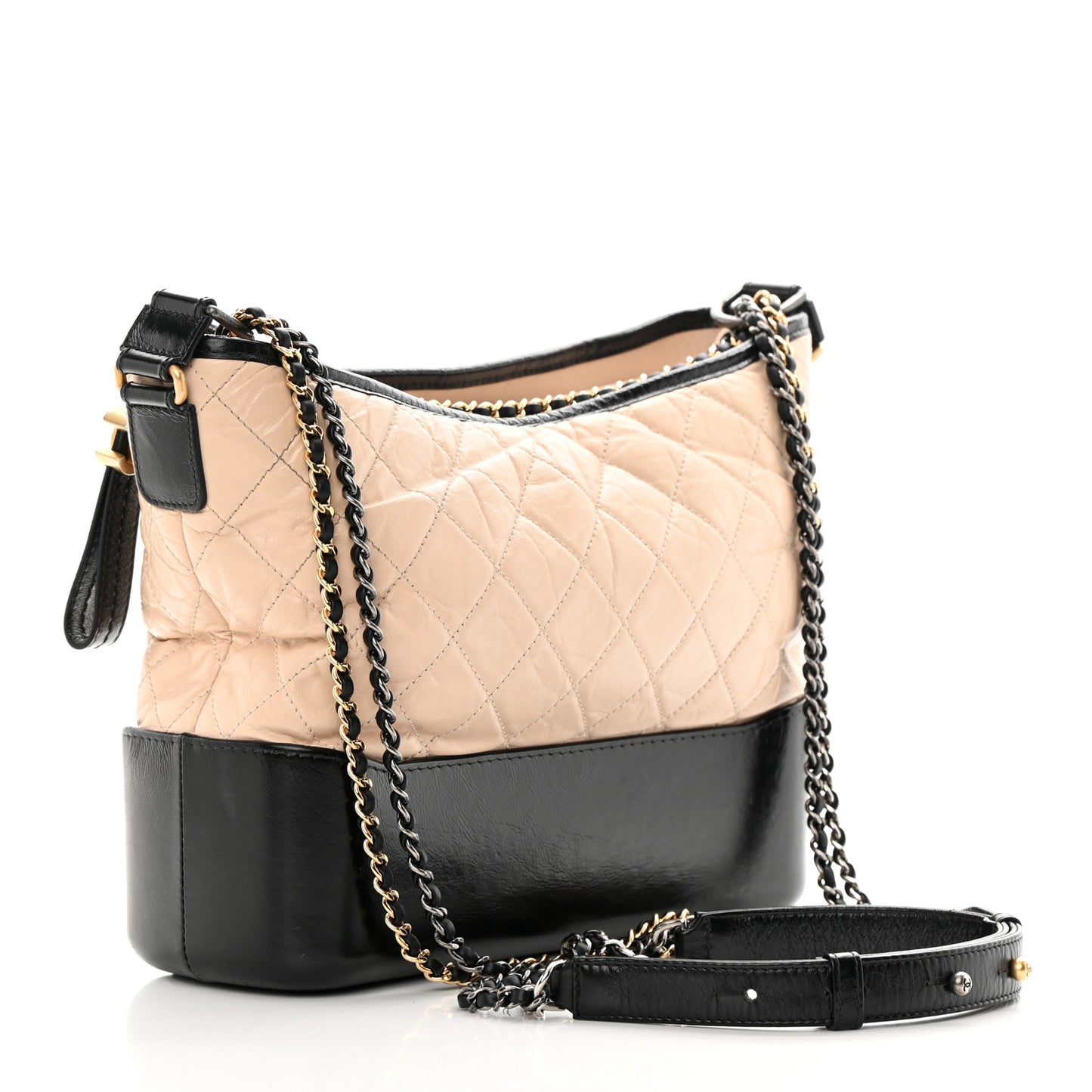 Aged Calfskin Quilted Medium Gabrielle Hobo Beige Black