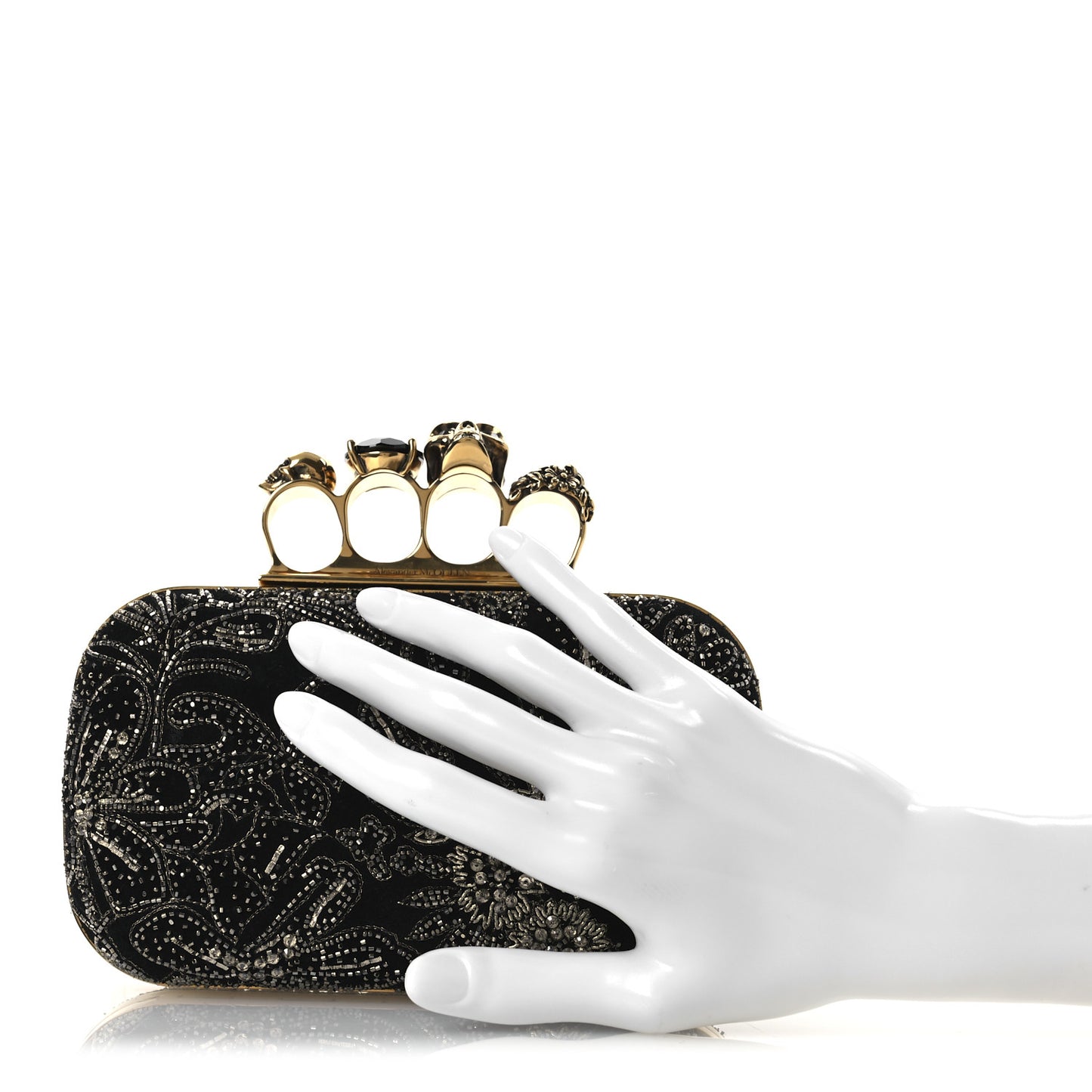 Suede Embroidered Knuckle Box Clutch Black