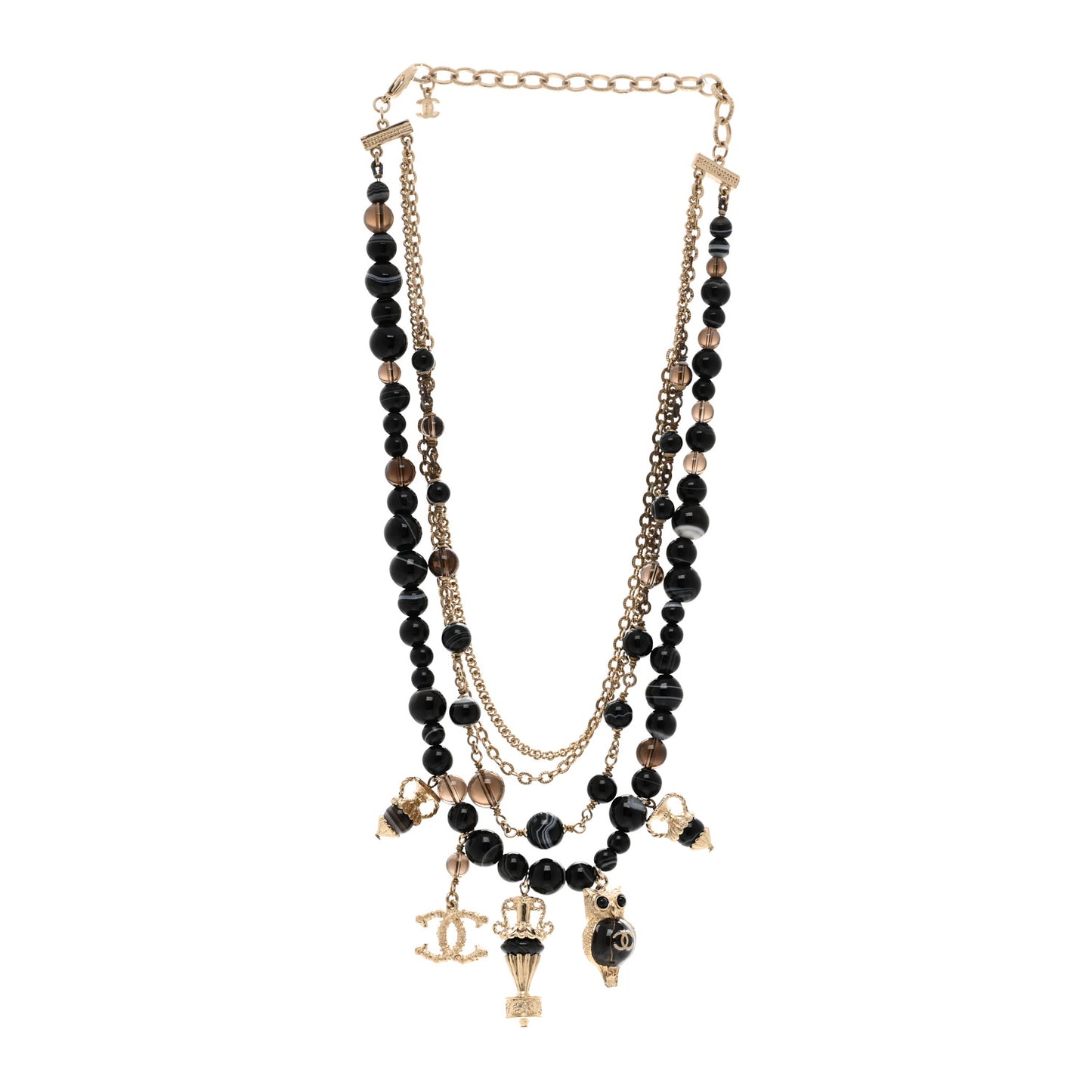 Resin Glass CC Beaded Charms Multi Strand Short Necklace Gold Black