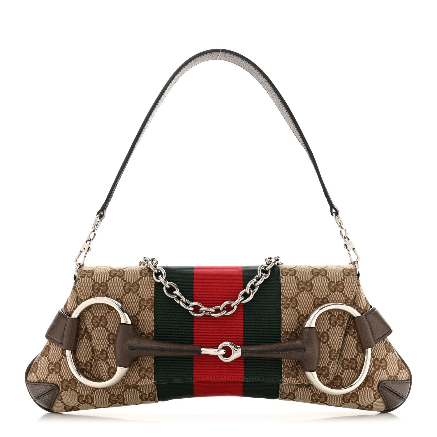 Gucci Monogram Textured Dollar Calfskin Heavy Grosgrain Web Medium Maxi Horsebit Chain Shoulder Bag Beige Ebony New Acero 1 of 11