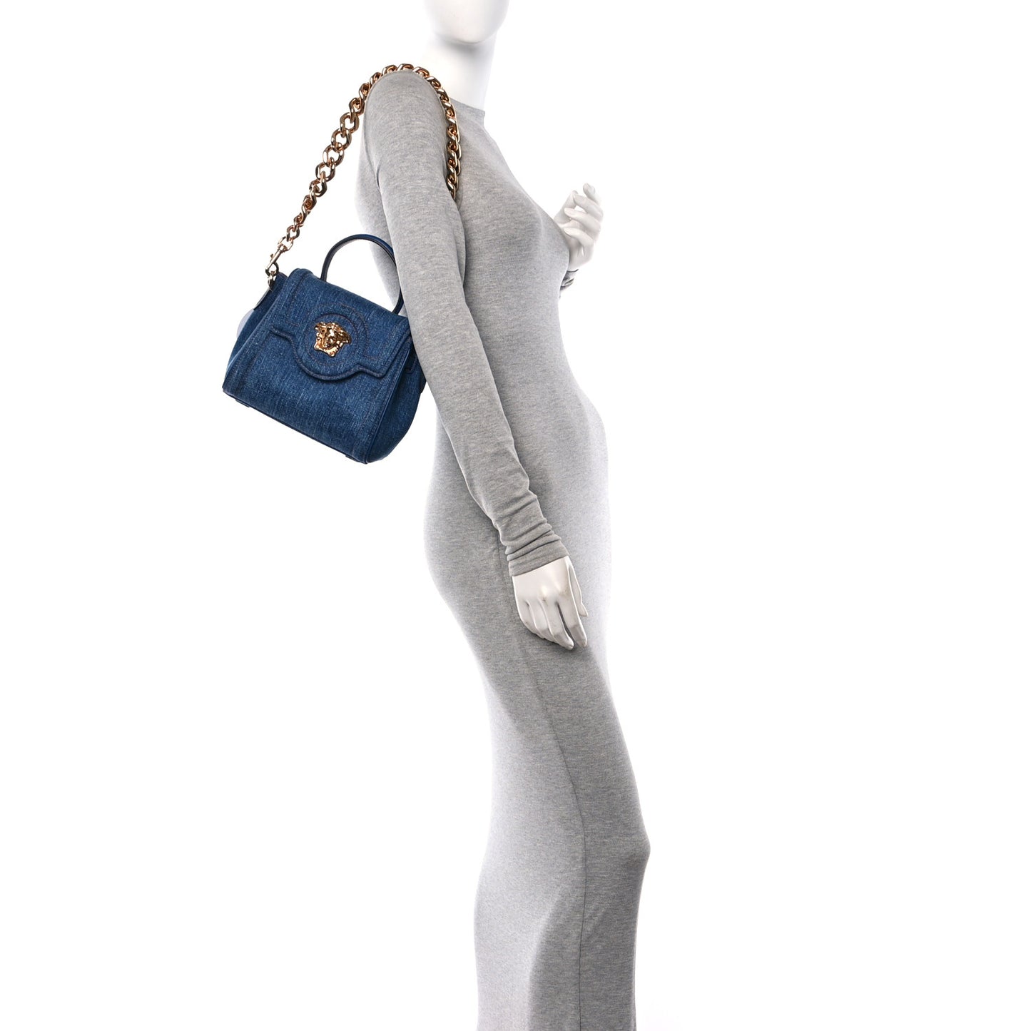 Denim Small La Medusa Chain Top Handle Bag Navy Blue