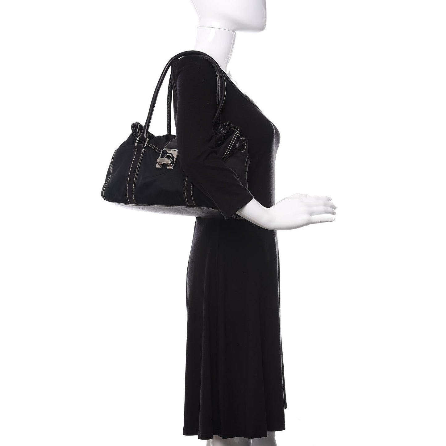 Tessuto Nylon Twist Soft Calfskin Shoulder Bag Black