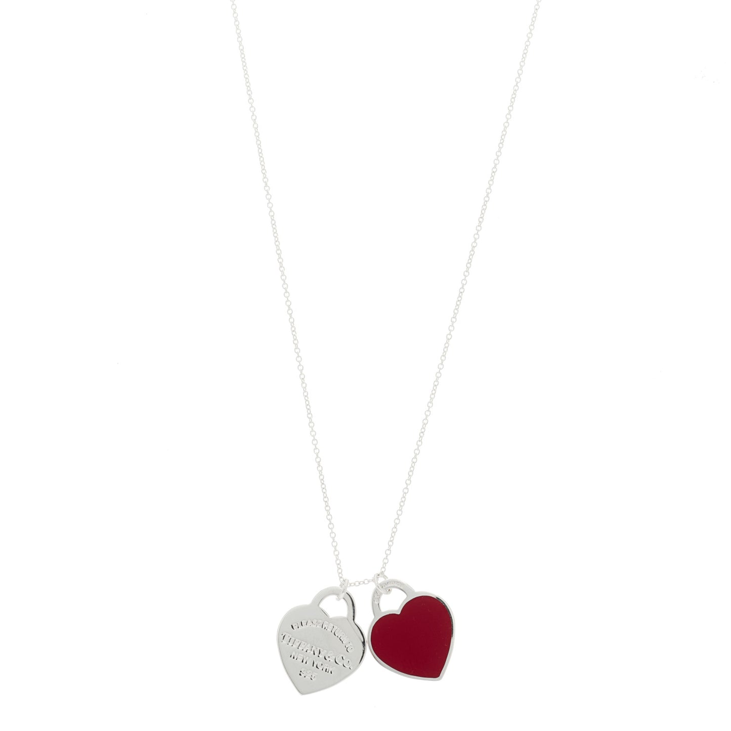Sterling Silver Enamel Return to Tiffany Double Heart Tag Pendant Necklace Red