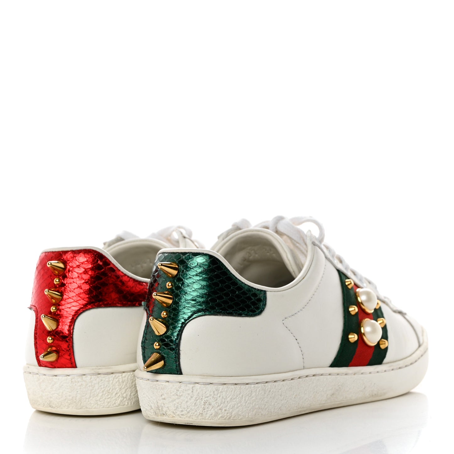 Calfskin Web Pearl Studded Womens Ace Sneakers 35 White