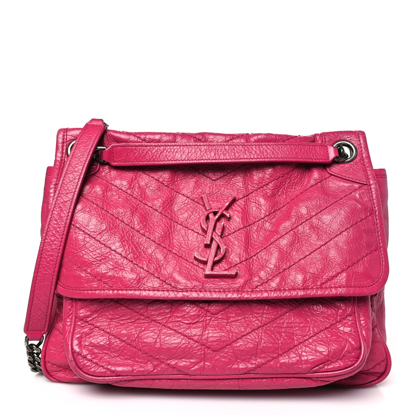 Crinkled Calfskin Matelasse Monogram Medium Niki Chain Satchel Freesia
