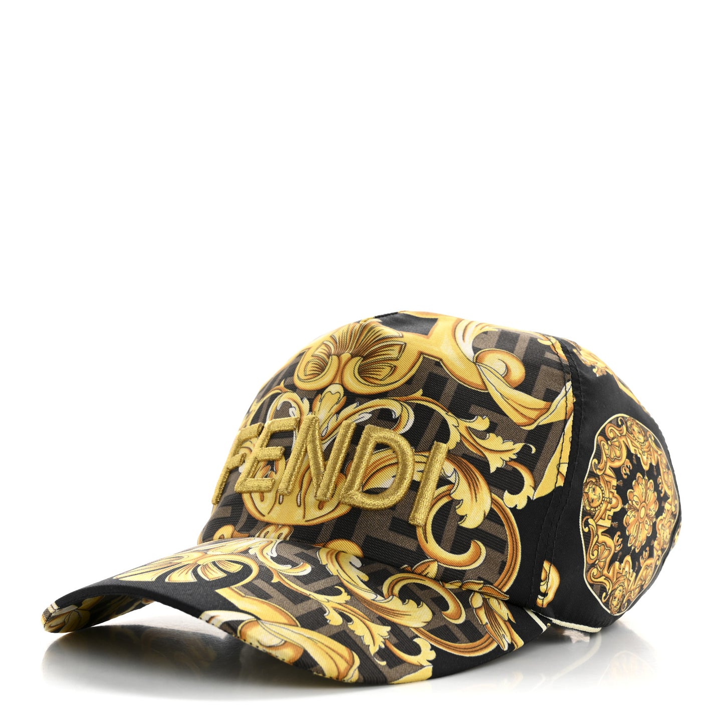 X VERSACE Silk FF Baroque Fendace Foulard Cap Gold