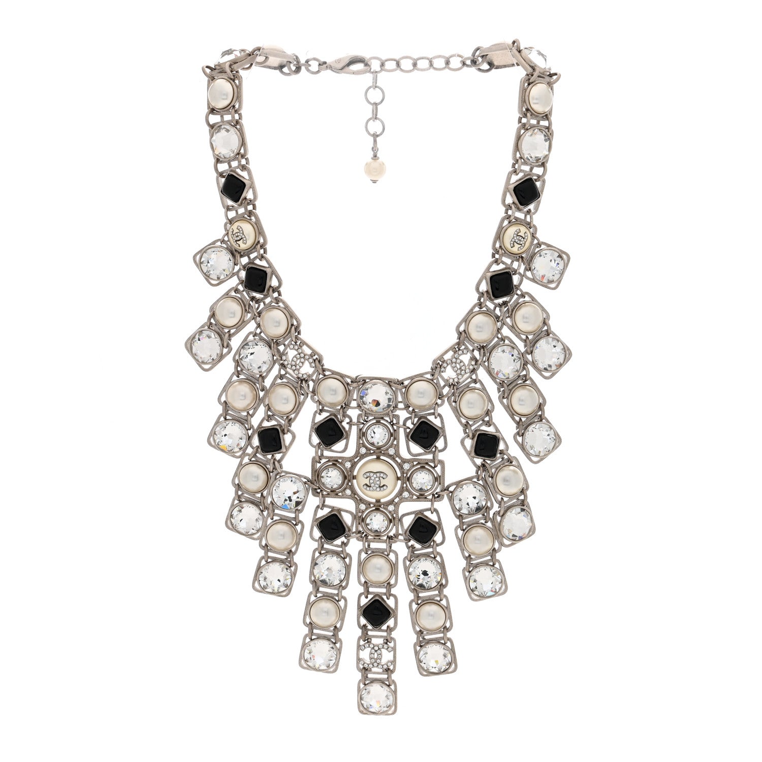 Chanel Crystal Pearl Resin CC Necklace Silver Black 3 of 5