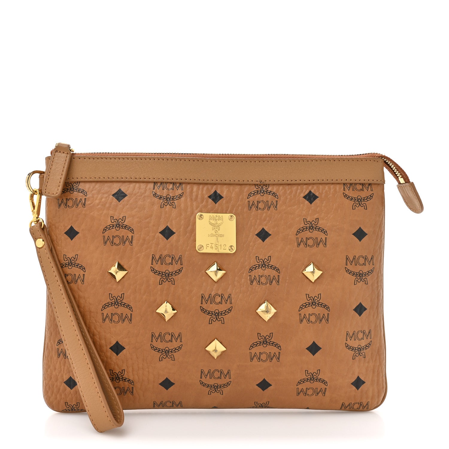 MCM Visetos Studded Wristlet Pouch Cognac 1855957 – FASHIONPHILE