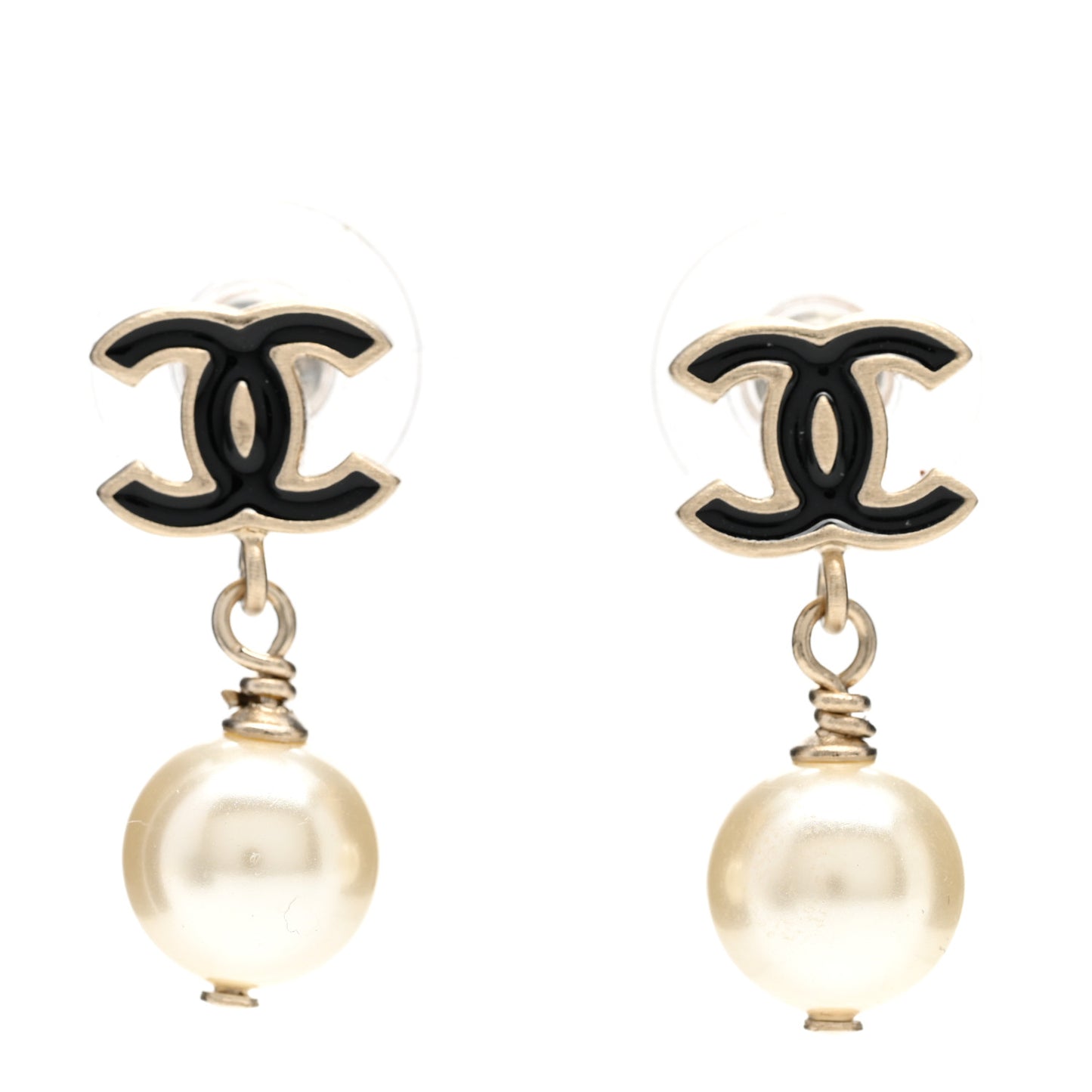 Pearl Enamel CC Drop Earrings Black Gold