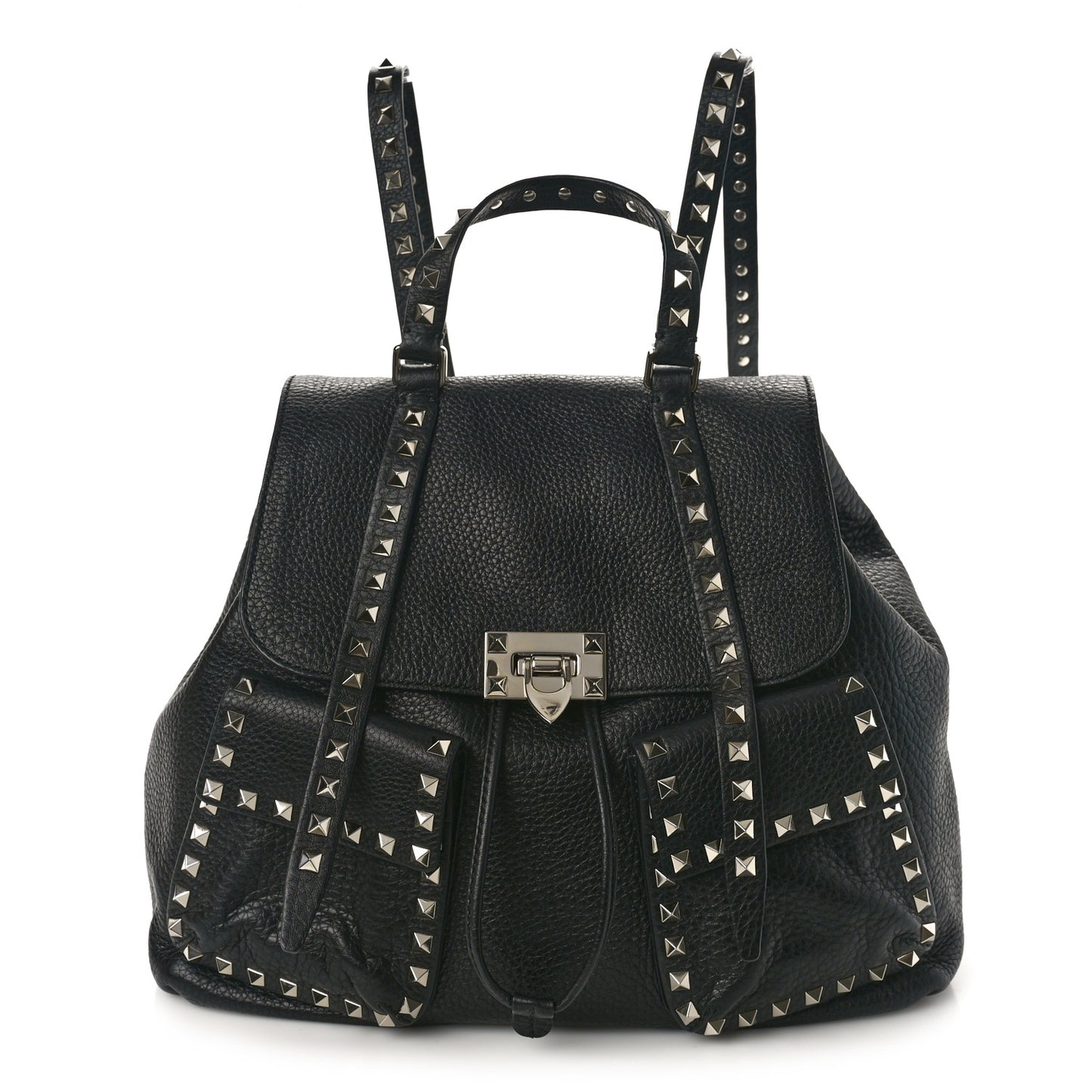 Pebbled Calfskin Rockstud Double Pocket Backpack Black
