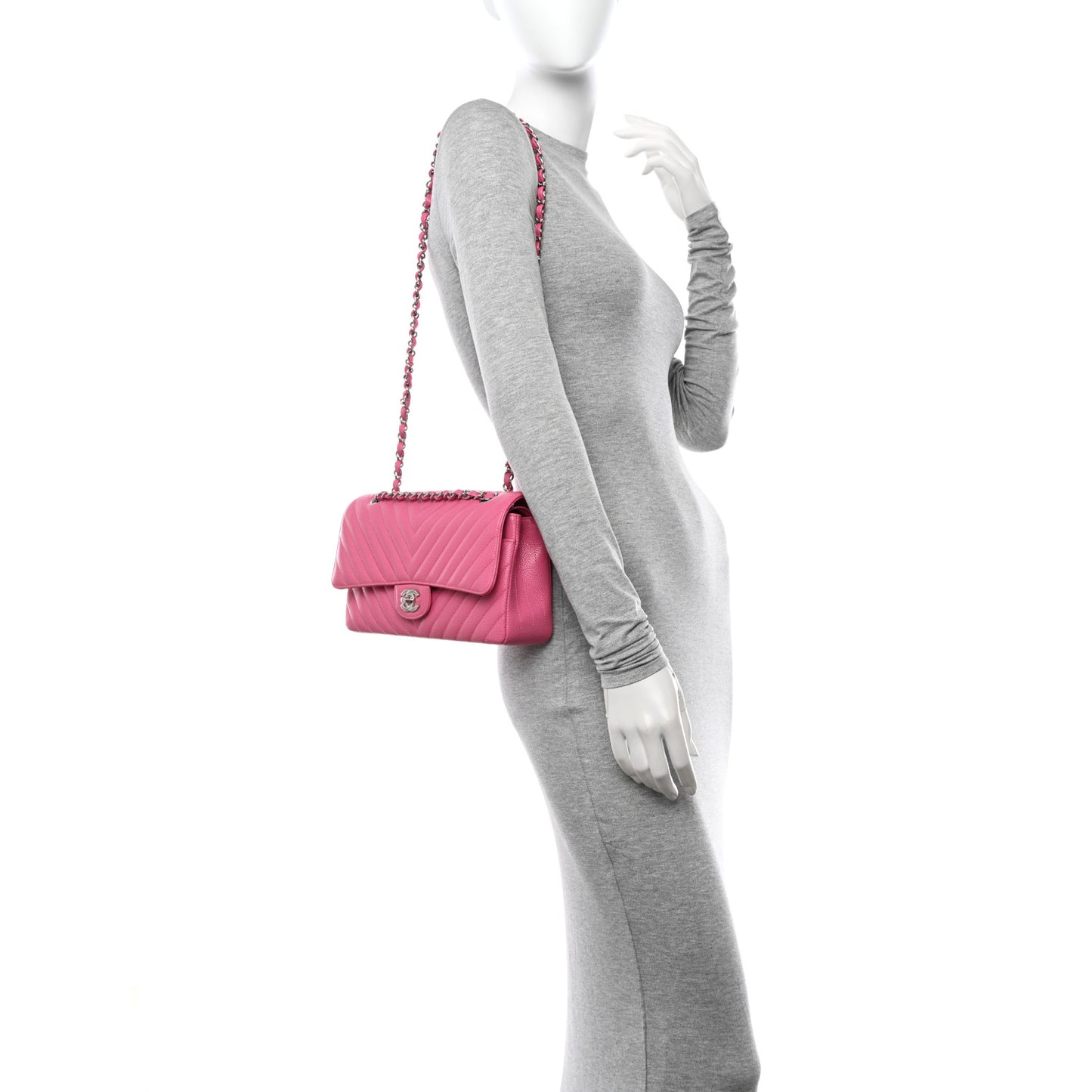 Caviar Chevron Quilted Medium Double Flap Pink