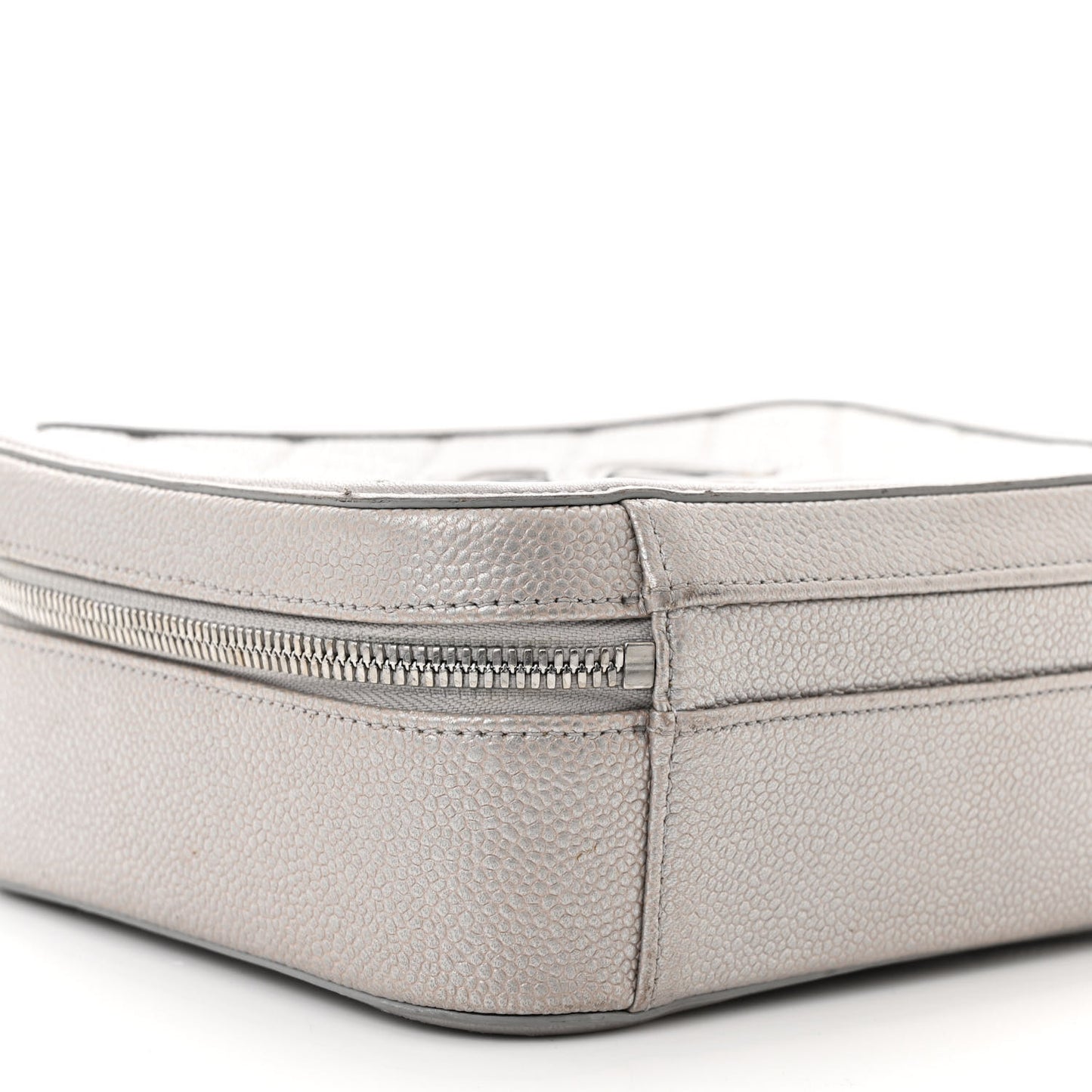 Metallic Caviar Quilted Medium CC Filigree Vanity Case Silver