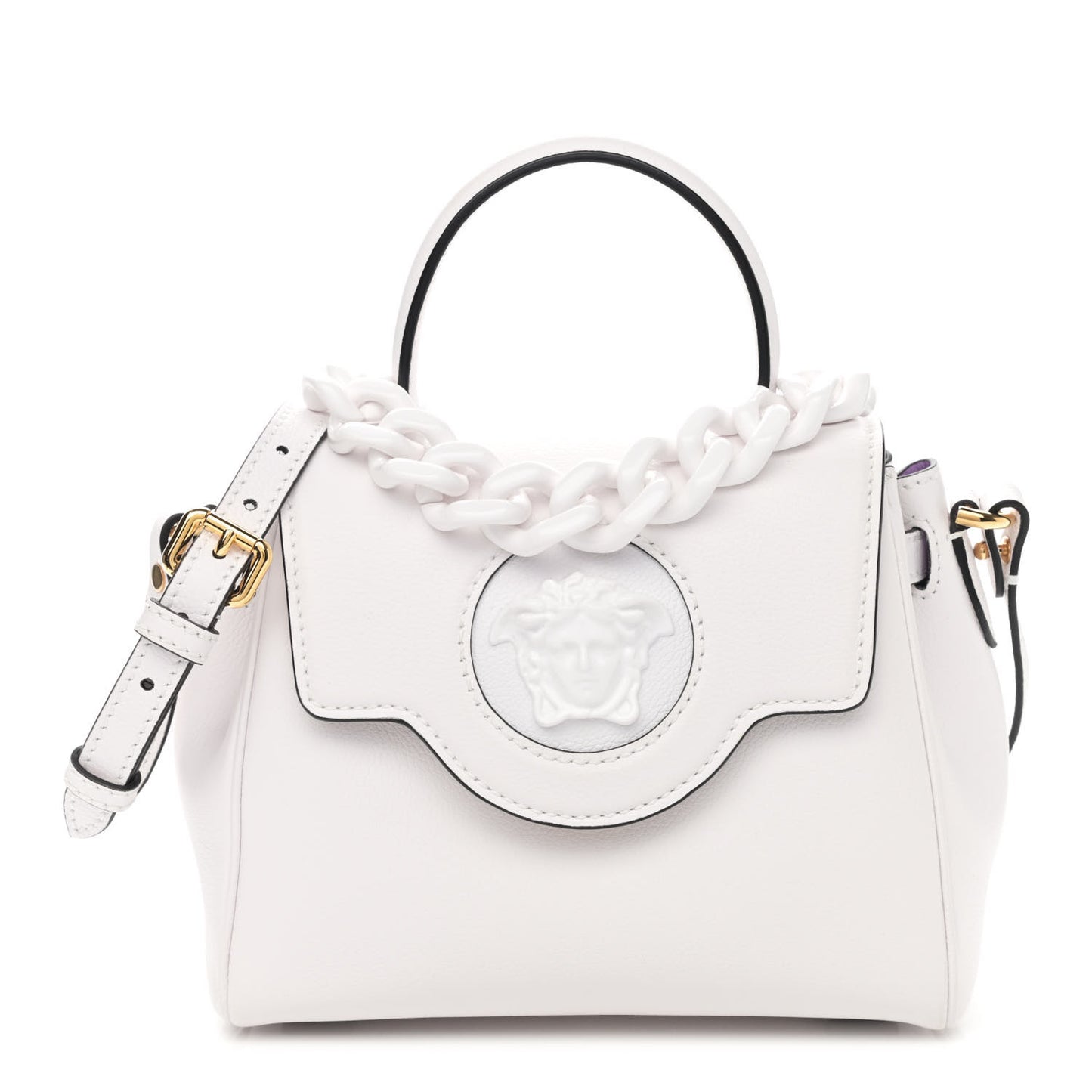 Grained Calfskin Small La Medusa Top Handle Bag White