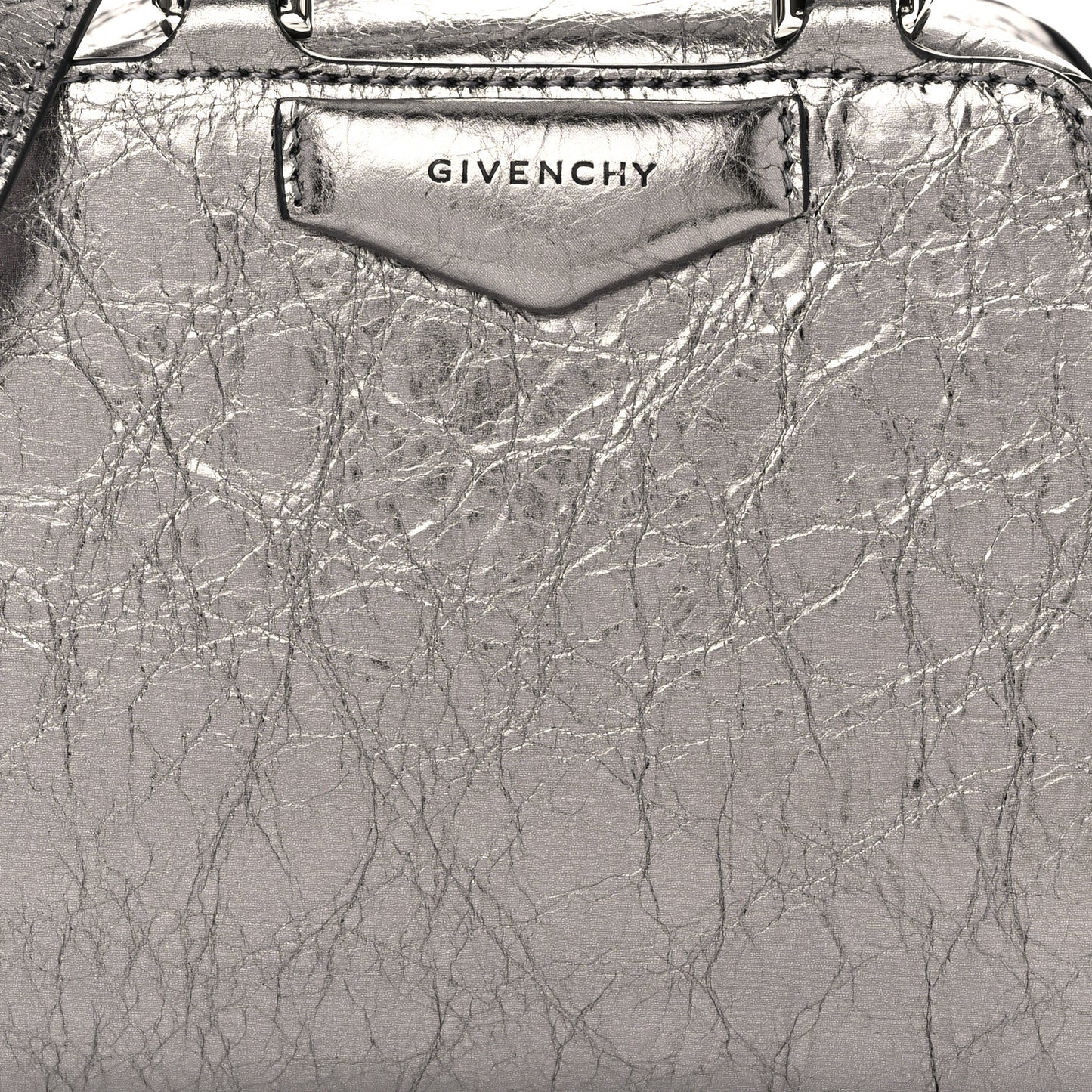 Laminated Lambskin Micro Antigona Cube Bag Silvery Grey