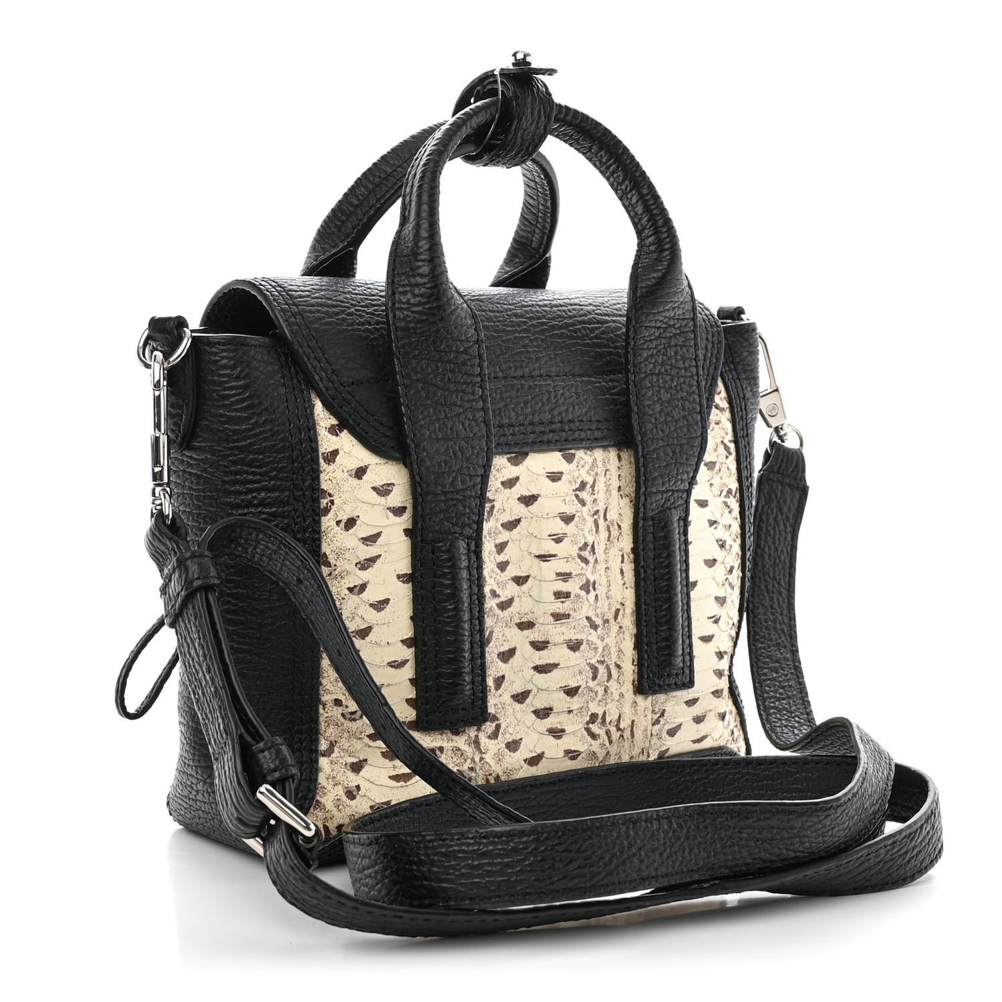 Textured Calfskin Elaphe Snakeskin Mini Pashli Satchel Natural Black