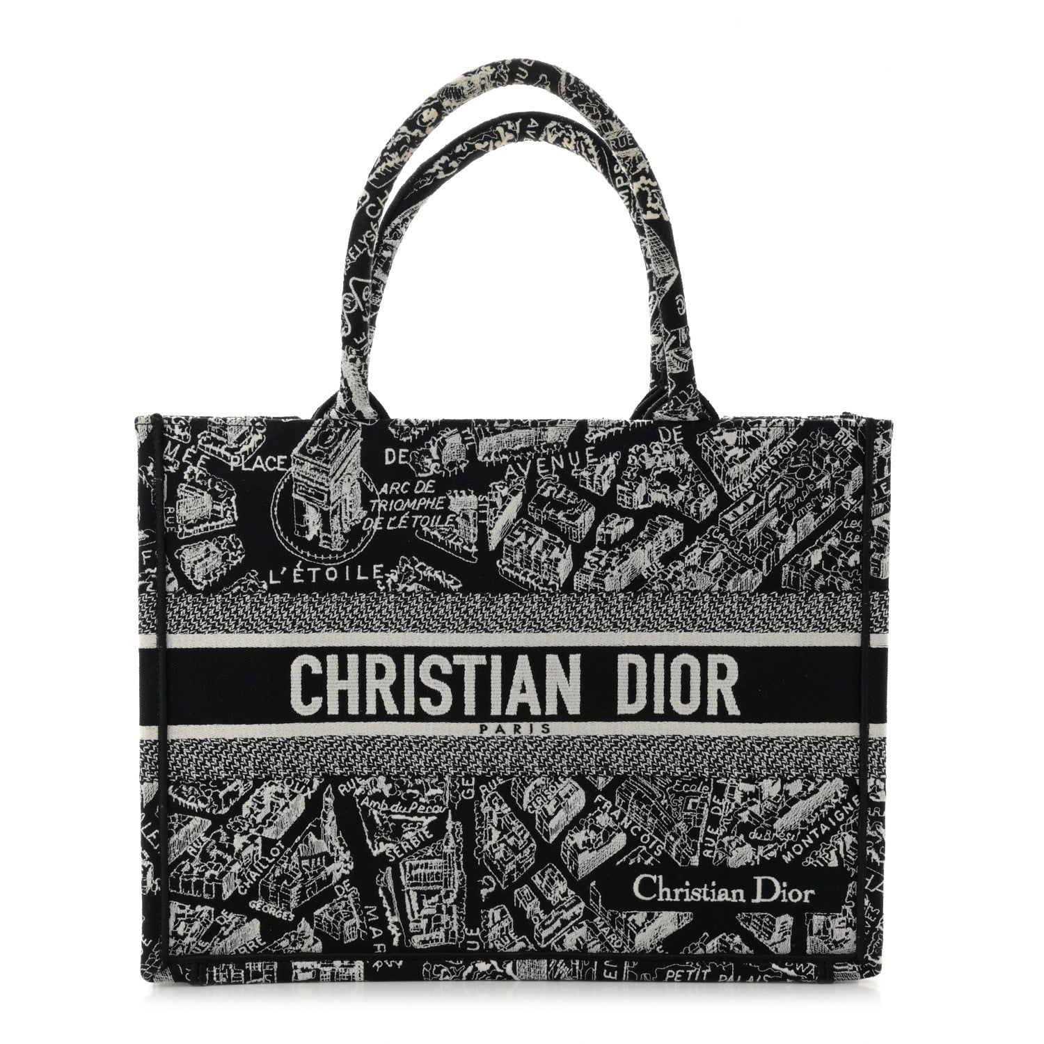 Christian Dior Canvas Embroidered Medium Plan De Paris Book Tote Black White 1 of 10