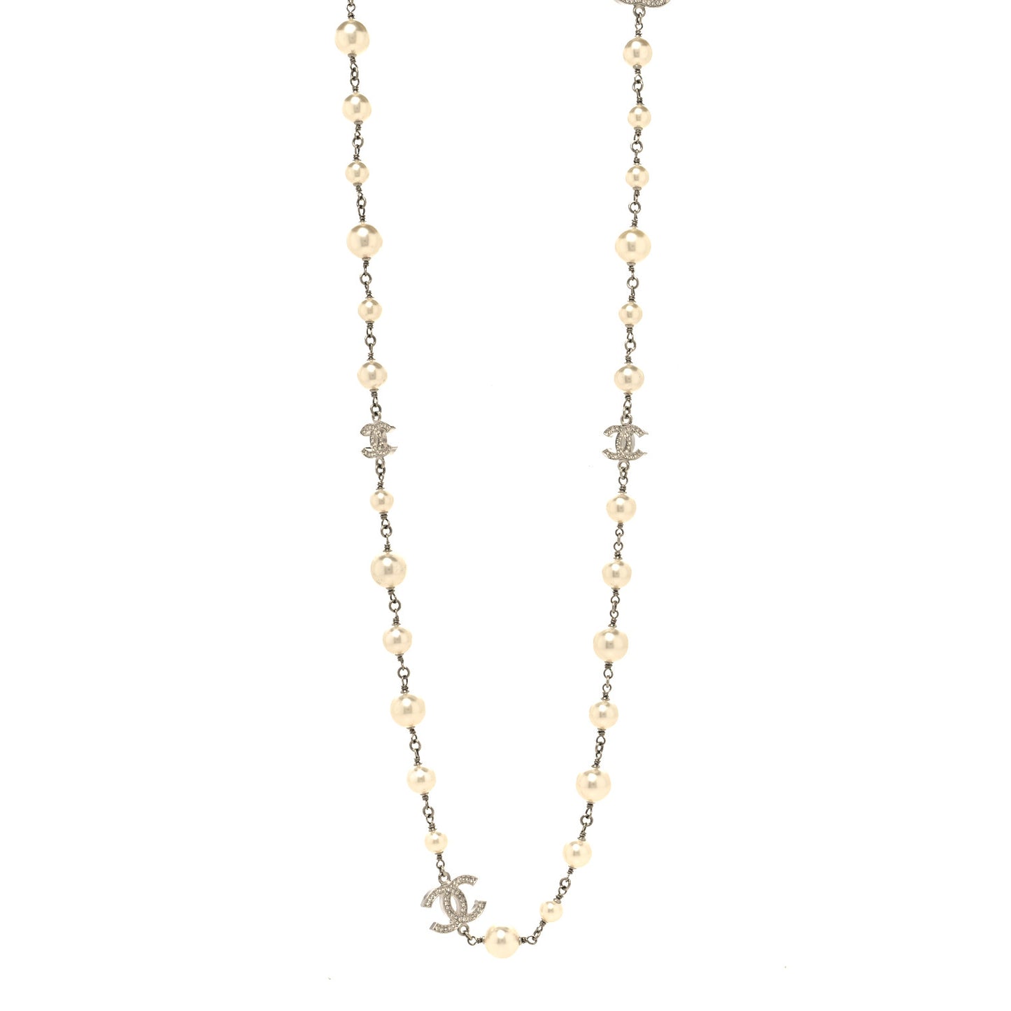 Graduated Pearl Crystal CC Long Necklace Silver
