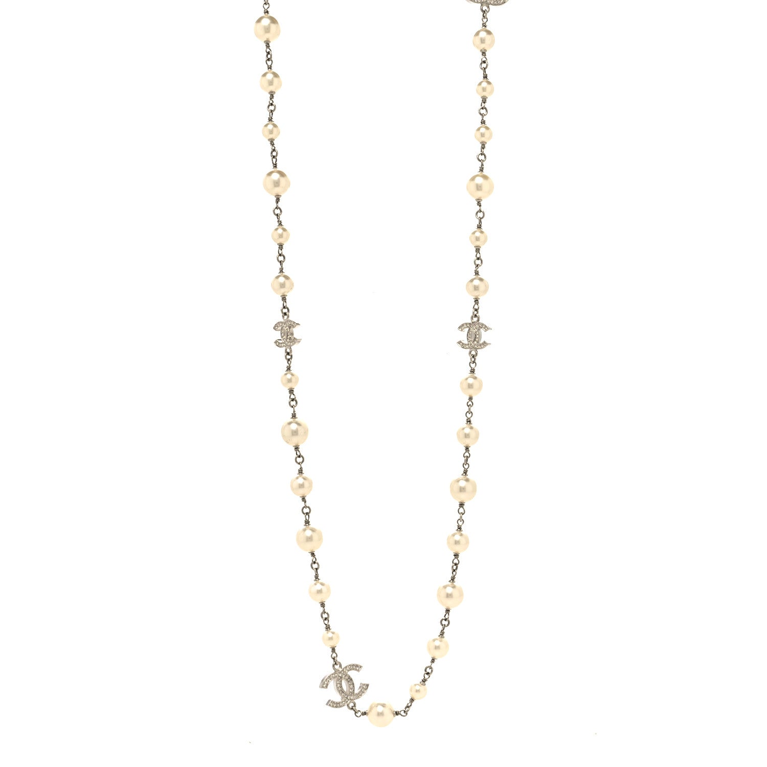 Chanel Graduated Pearl Crystal CC Long Necklace Silver 1 of 5