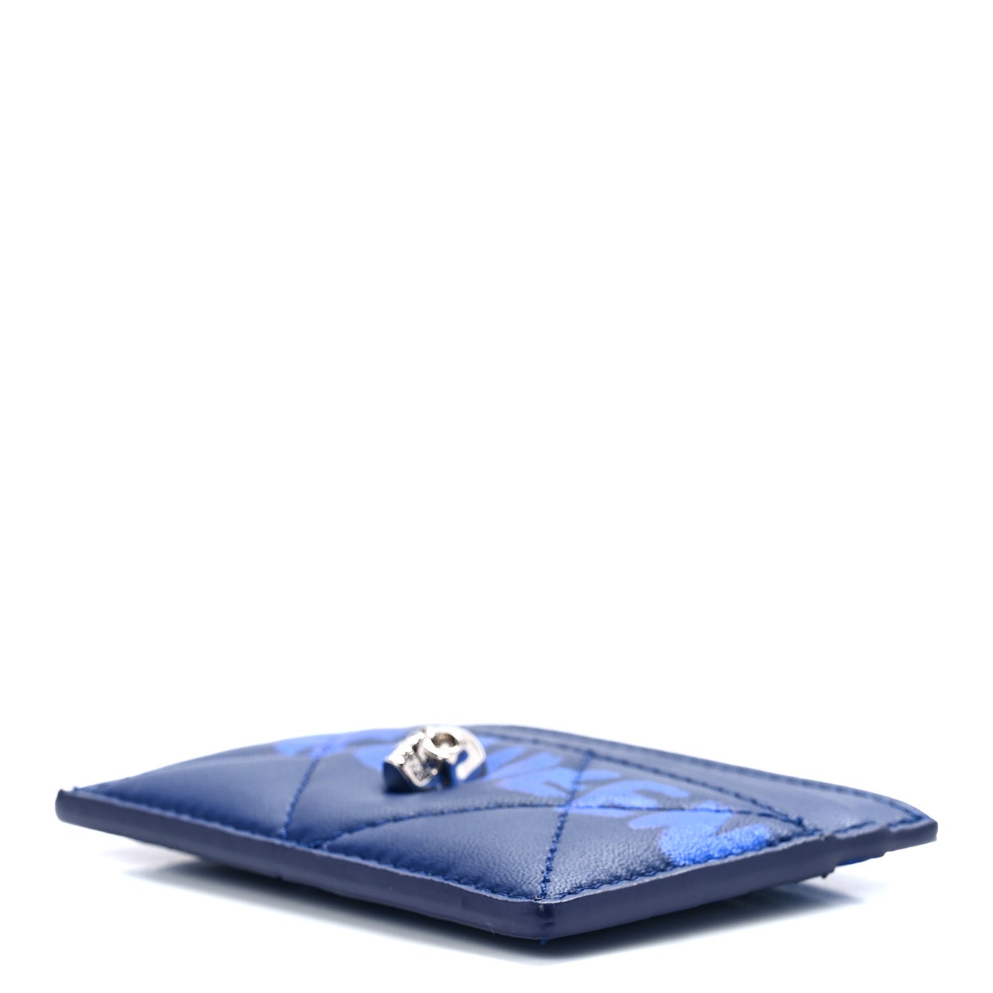 Lambskin Quilted Graffiti Skull Card Holder Blue