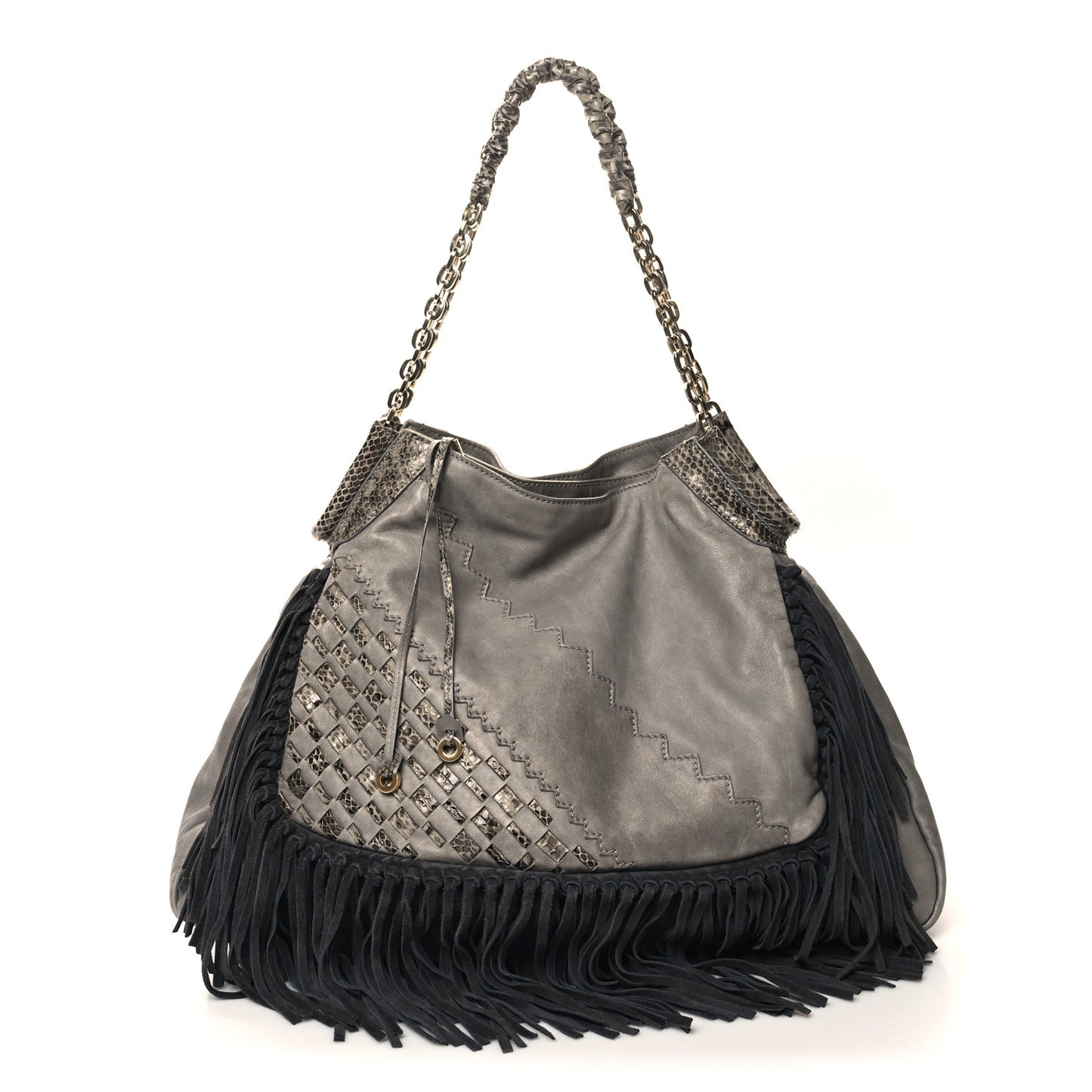 Calfskin Suede Snakeskin Woven Fringe Tatum Shoulder Bag Grey