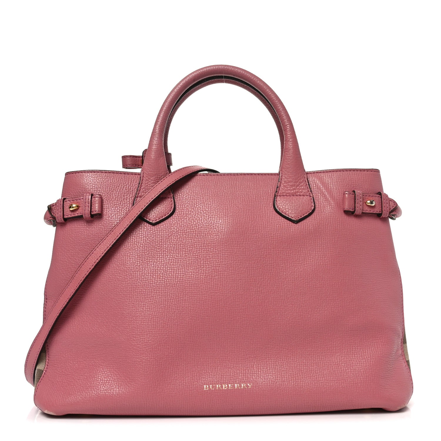 Burberry Grainy Calfskin House Check Medium Banner Tote Mauve Pink