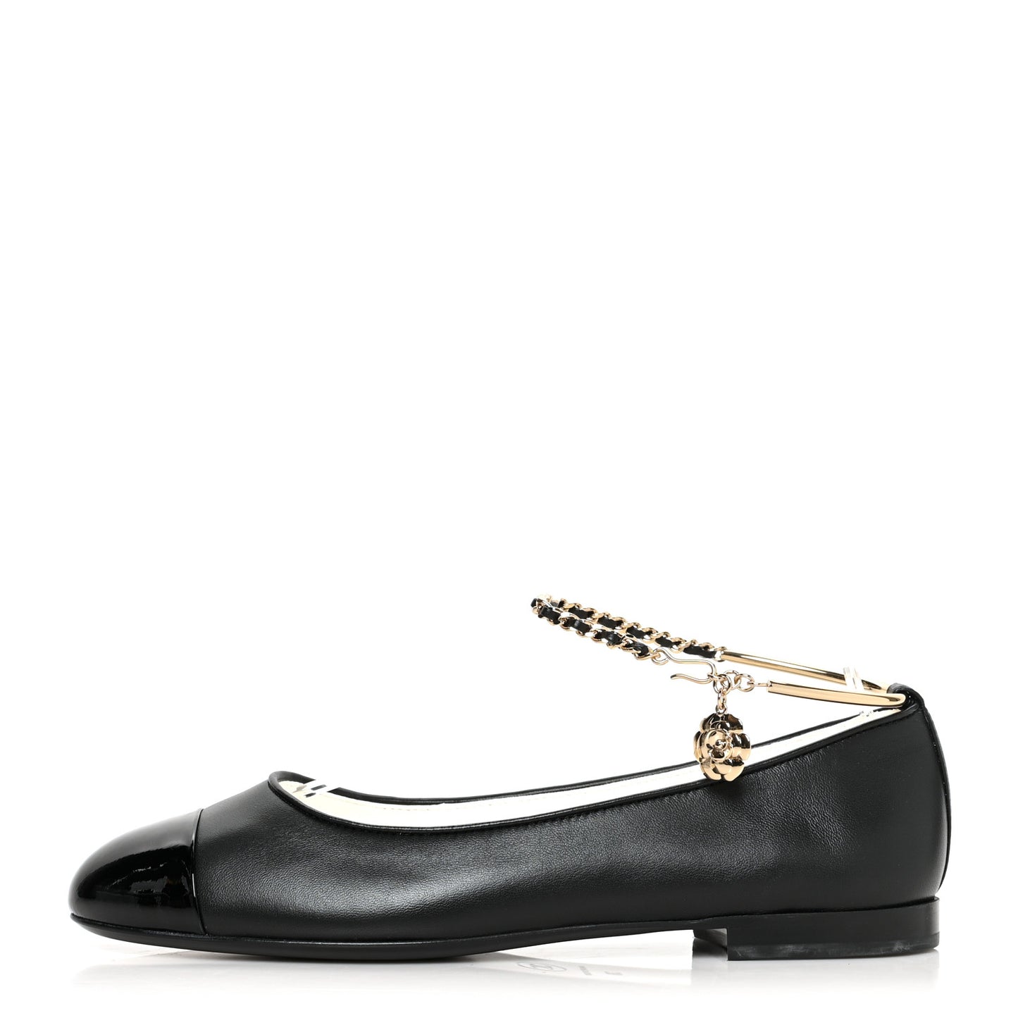 Lambskin Patent Calfskin Cap Toe Ankle Chain Ballerina Flats 38 Black