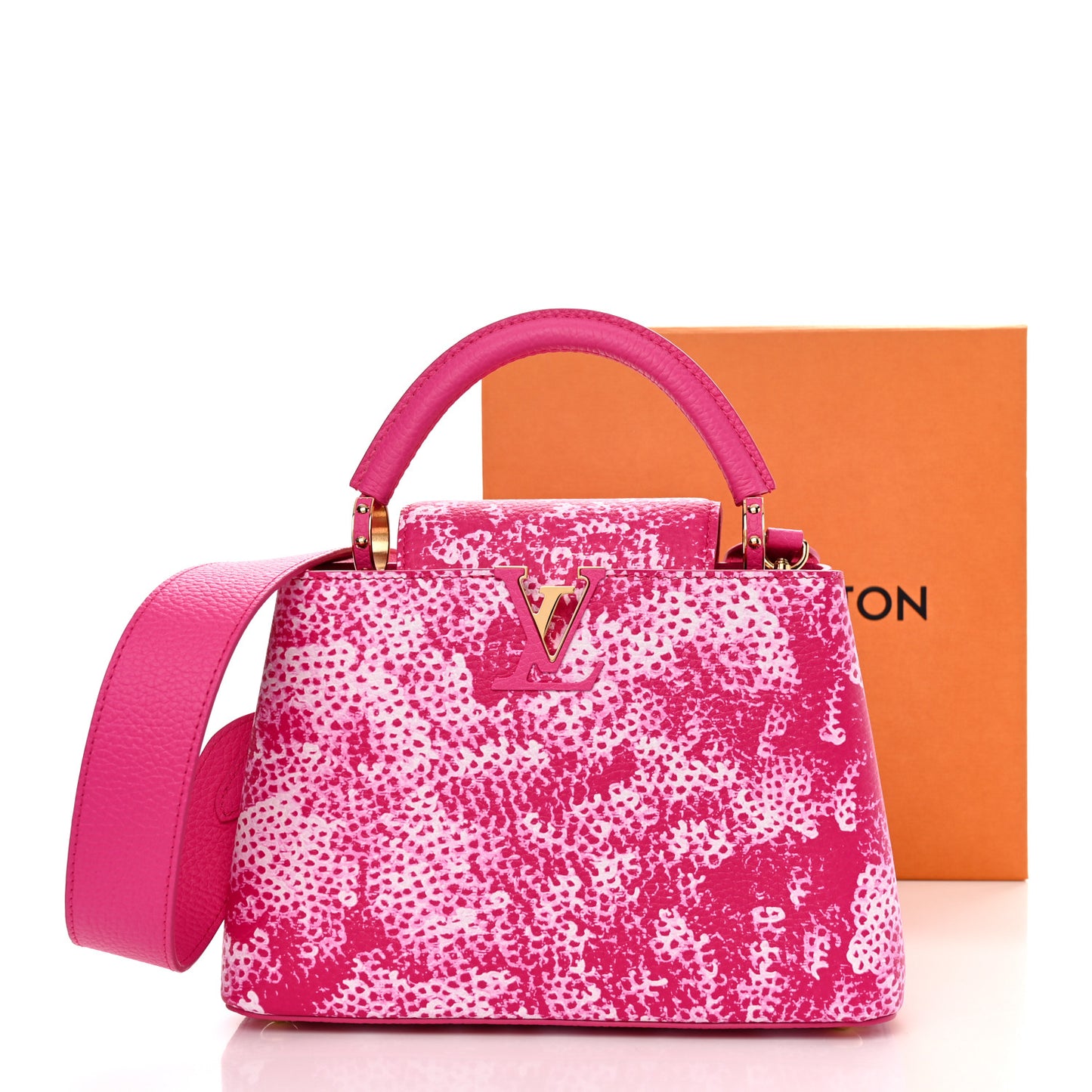 LV X YK Taurillon Infinity Net Capucines BB Fuchsia