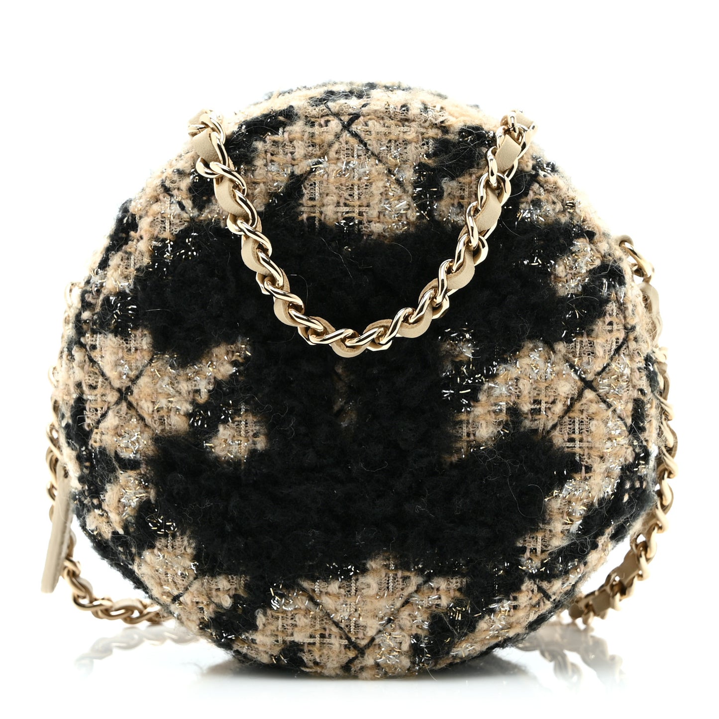 Tweed Shearling Quilted Round Clutch With Chain and Coin Purse Beige Black
