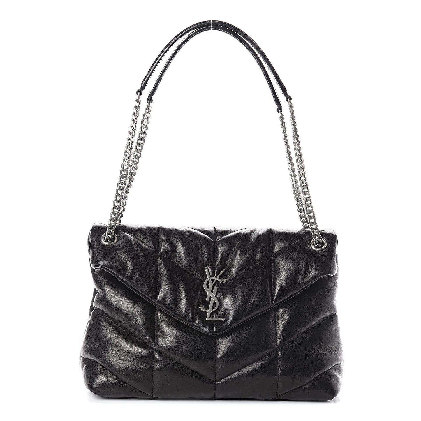 Lambskin Quilted Medium Loulou Puffer Monogram Chain Satchel Black