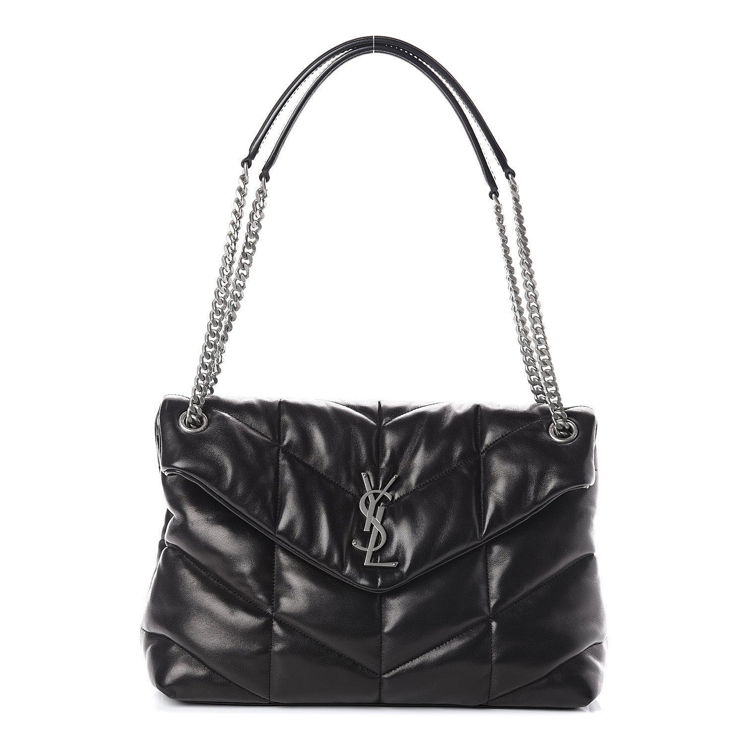 Saint Laurent Lambskin Quilted Medium Loulou Puffer Monogram Chain Satchel Black 1 of 6