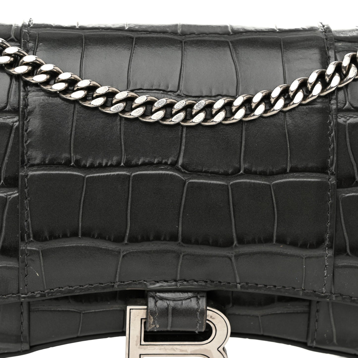 Shiny Calfskin Crocodile Embossed Hourglass Chain Bag Gris