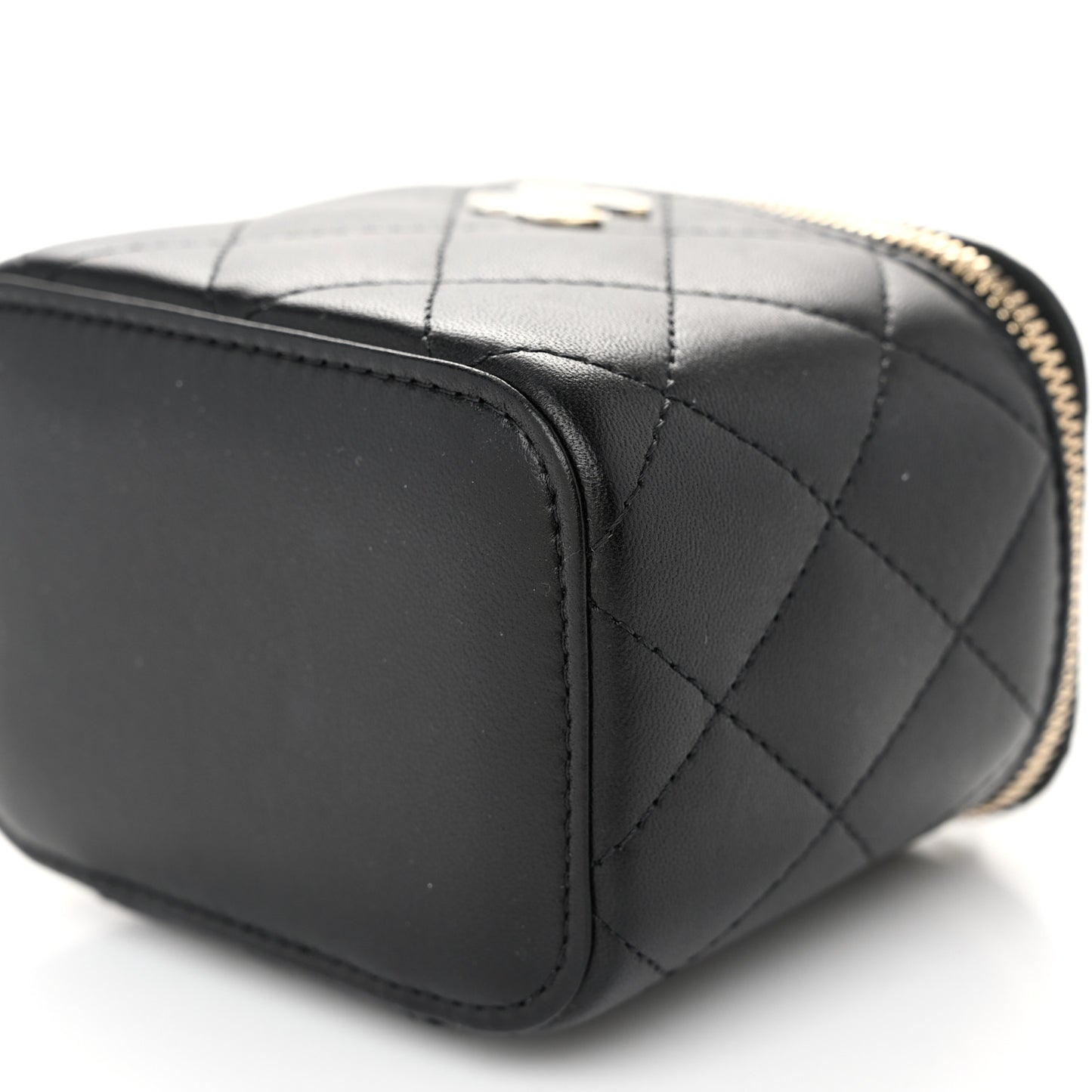 Lambskin Quilted Mini Vanity Case With Pearl Chain Black