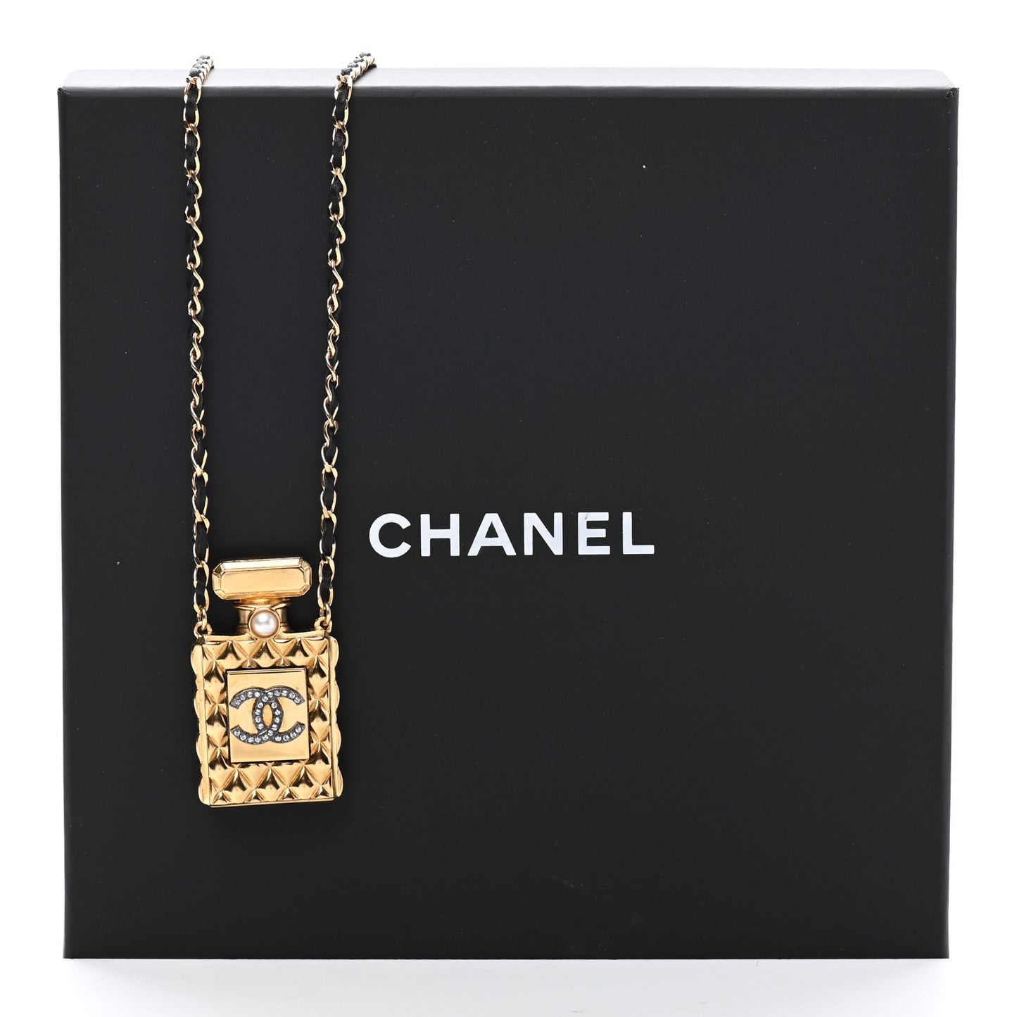 Crystal Pearl Perfume Bottle CC Necklace Black Gold