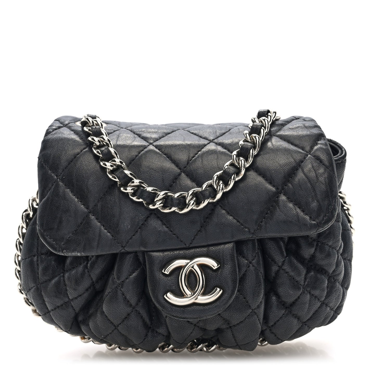 Washed Lambskin Quilted Mini Chain Around Flap Black