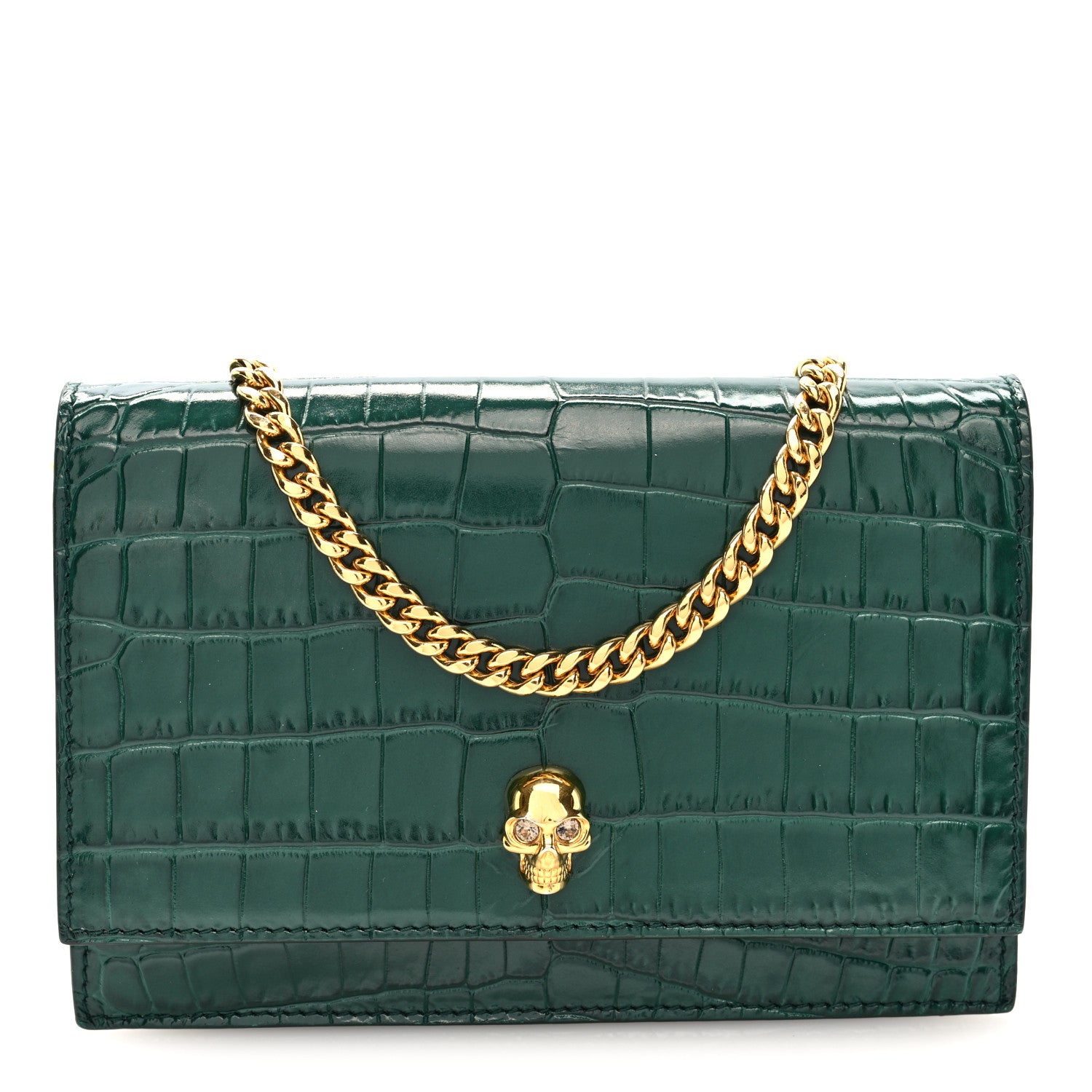 Alexander McQueen Calfskin Crocodile Embossed Skull Mini Crossbody