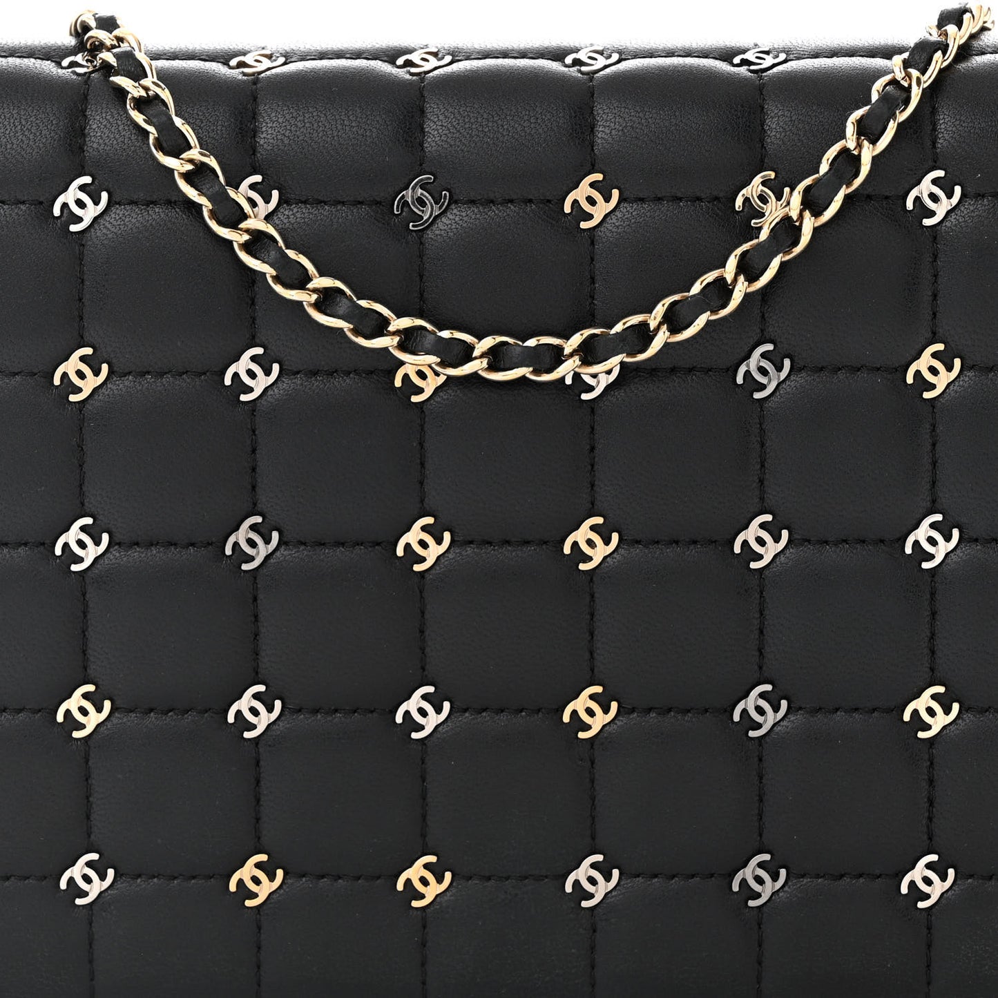 Lambskin Chocolate Bar Piercing CC Studded Small Chain Flap Bag Black